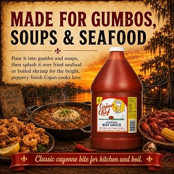 Cajun Chef Louisiana Hot Sauce 1 Gallon, 128 fl oz Cajun Cayenne Pepper Sauce, Mild Heat Hot Sauce for Gumbo, Seafood, Soups, Wings, BBQ, Pizza and Everyday Cooking