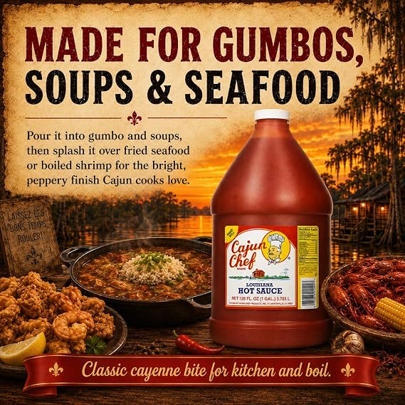 Cajun Chef Louisiana Hot Sauce 1 Gallon, 128 fl oz Cajun Cayenne Pepper Sauce, Mild Heat Hot Sauce for Gumbo, Seafood, Soups, Wings, BBQ, Pizza and Everyday Cooking