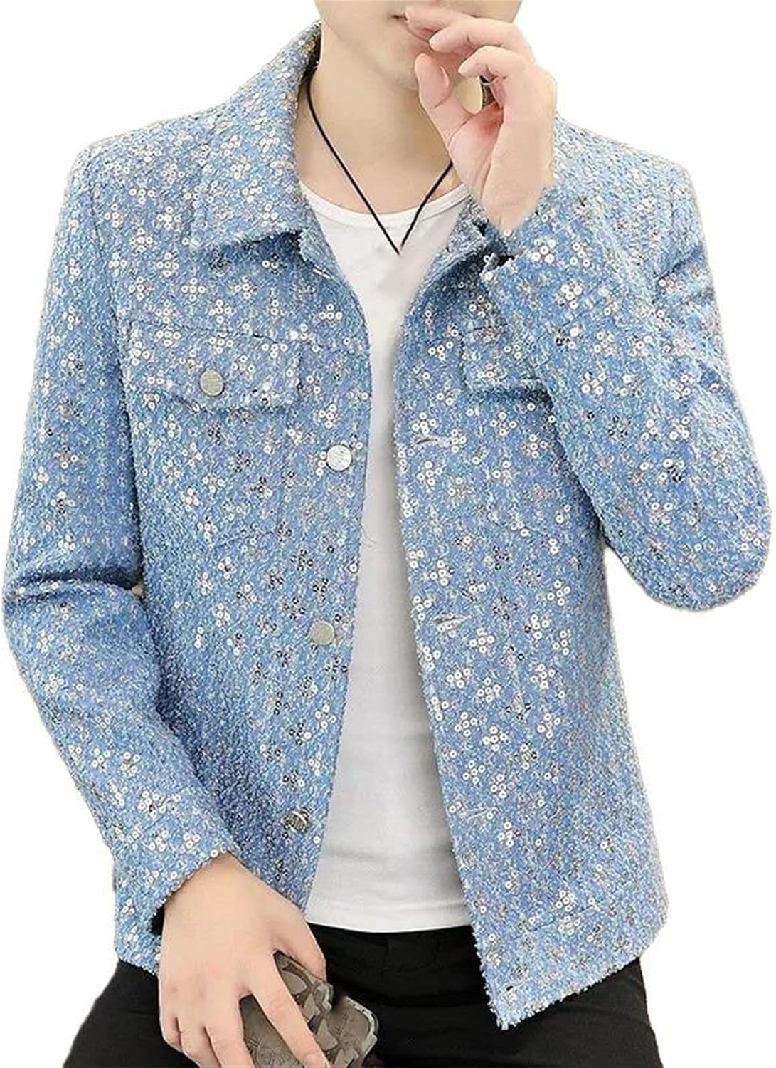 GUOYUXIAO Men's Spring Autumn Sequins Jacket, Korean Lapel Casual Streetwear Windbreaker