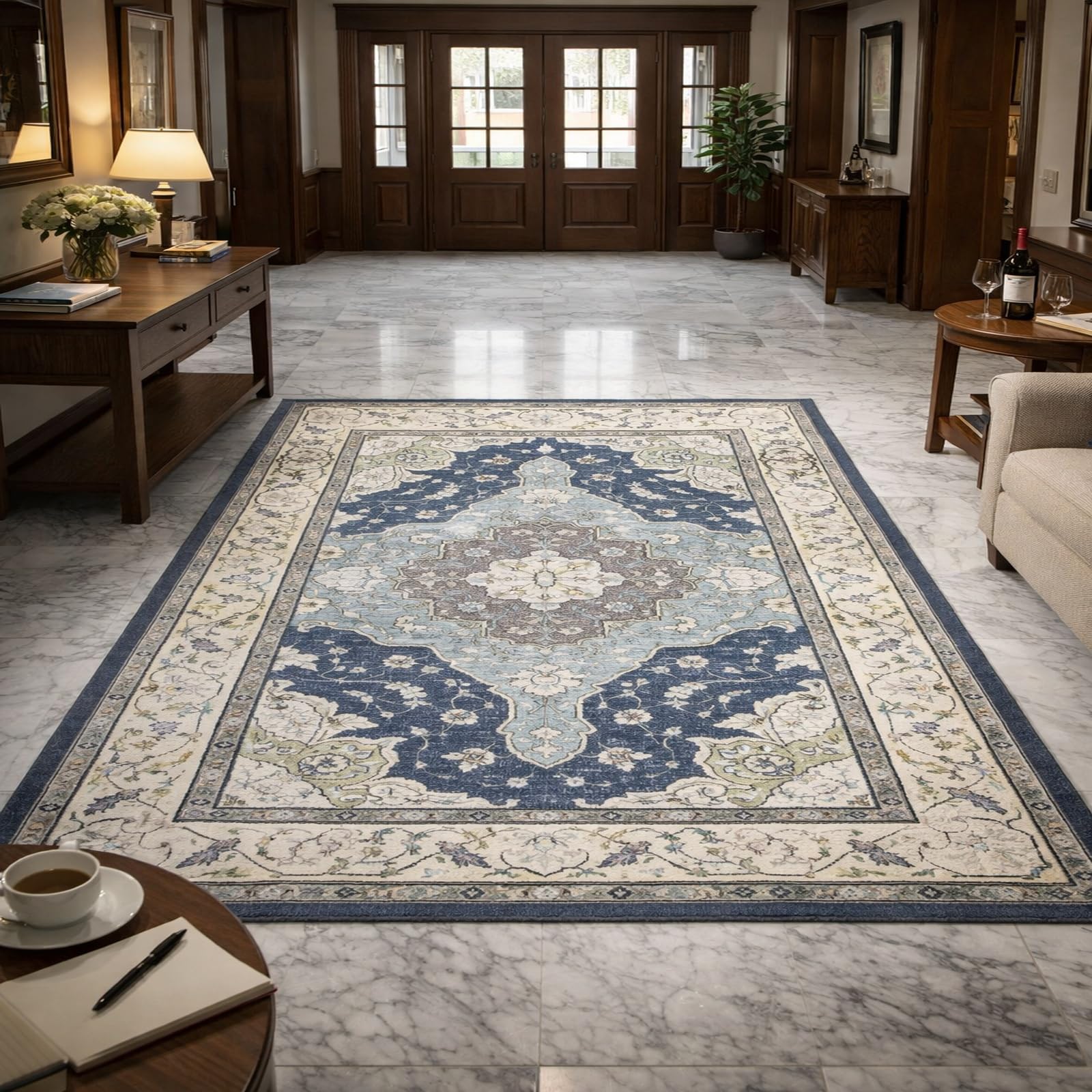 Alfombra suave para entrada interior con diseño floral clásico Rururug