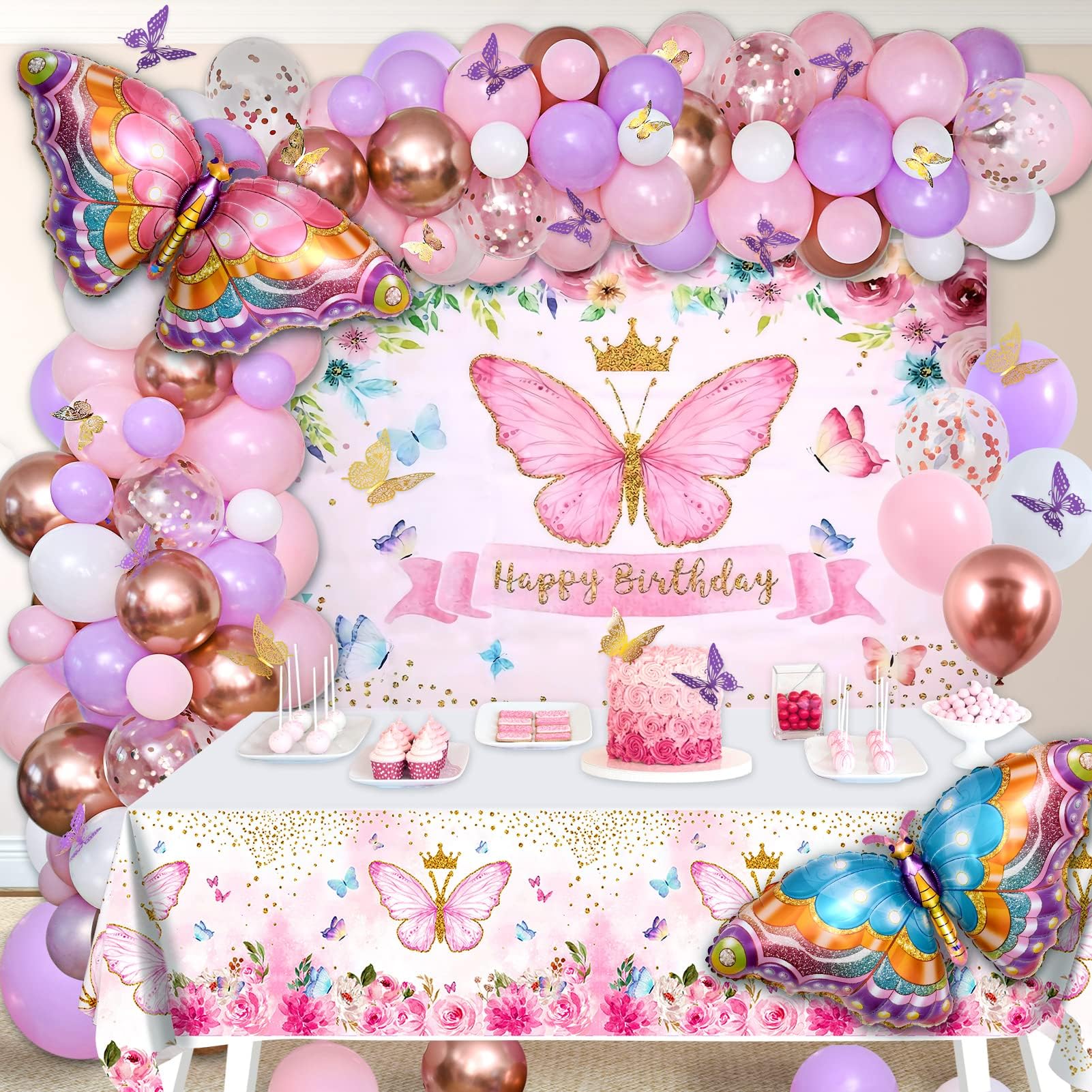 Winrayk Butterfly Party Decorations Birthday Supplies, Pink Purple Balloon Arch Kit with Backdrop Tablecloth Butterfly Wall Decor Foil Balloon, Girls Women Fairy Butterfly Theme Birthday Decorations