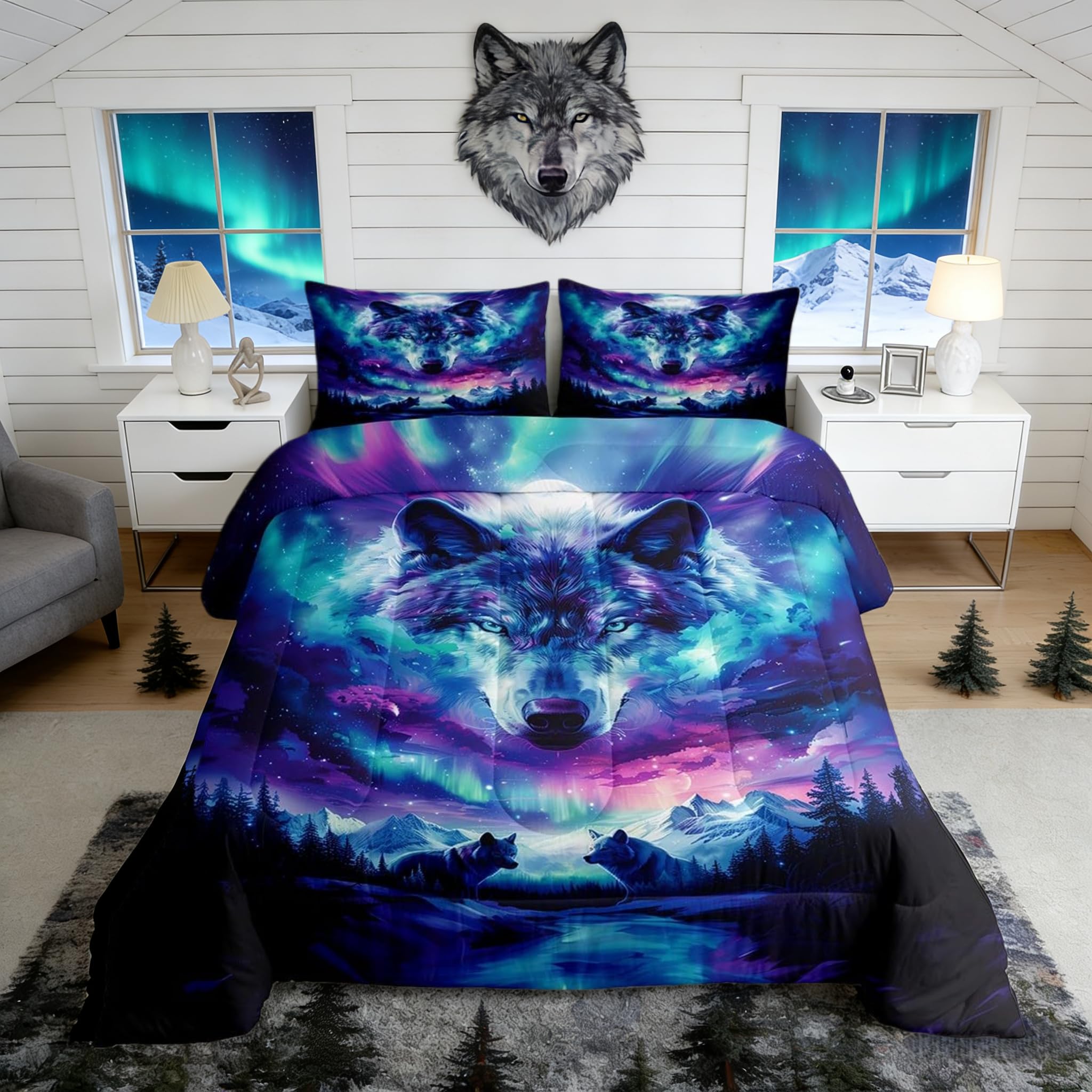 Castle Fairy Wolf Silhouette Bedding Set Full Size Gradient Aurora Galaxy Comforter for Child Teens Wolf Safari Animal Down Comforter Dreamy Natural