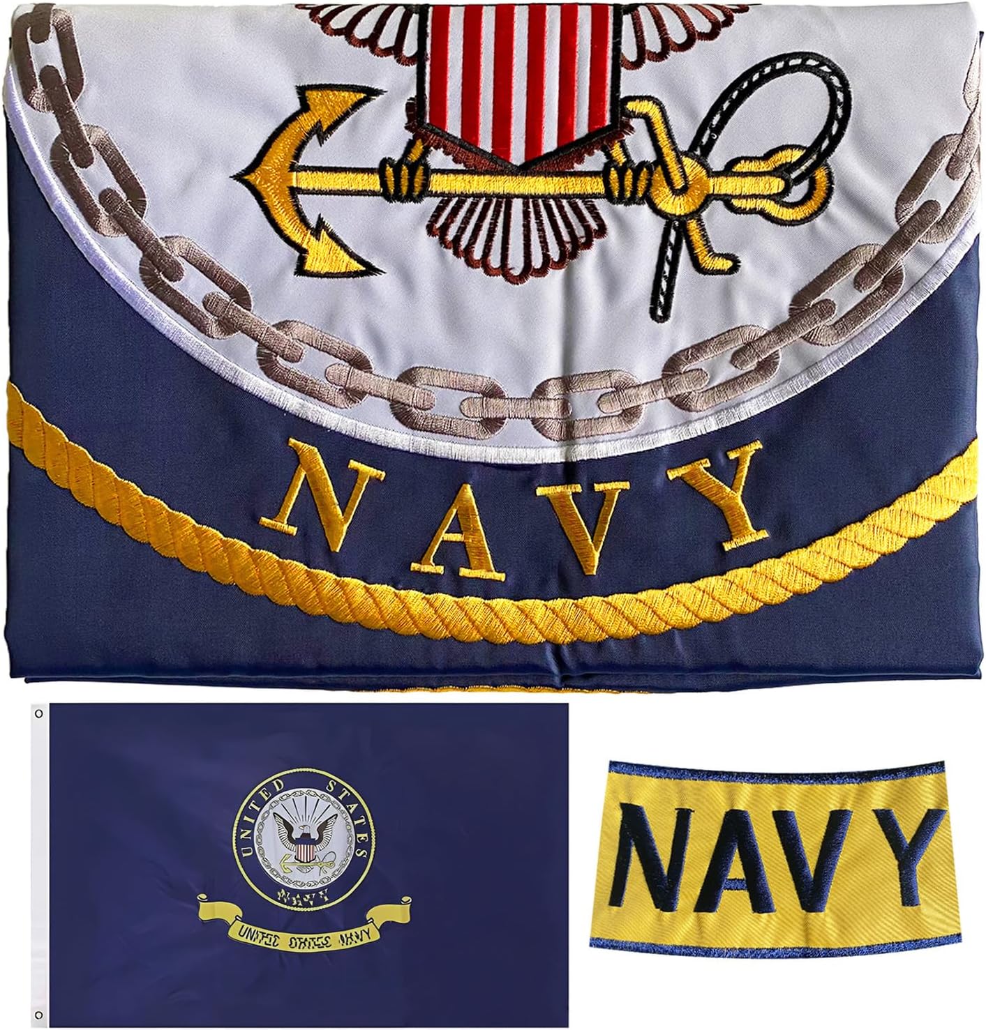 Embroidered Navy Emblem Flag Double Sided 3x5 Outdoor- 300D Heavy Duty Nylon- Military 3x5 Navy Outdoor Banner Flag- Brass Grommets & 4 Rows Stitched