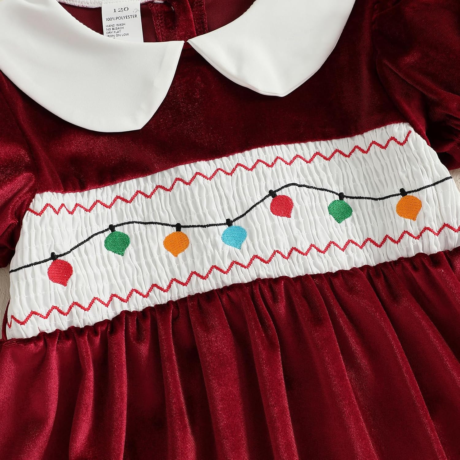 Toddler Girl Christmas A Line Dress String Lights Embroidery Short Sleeves Doll Collar Velvet Dress - Image 5