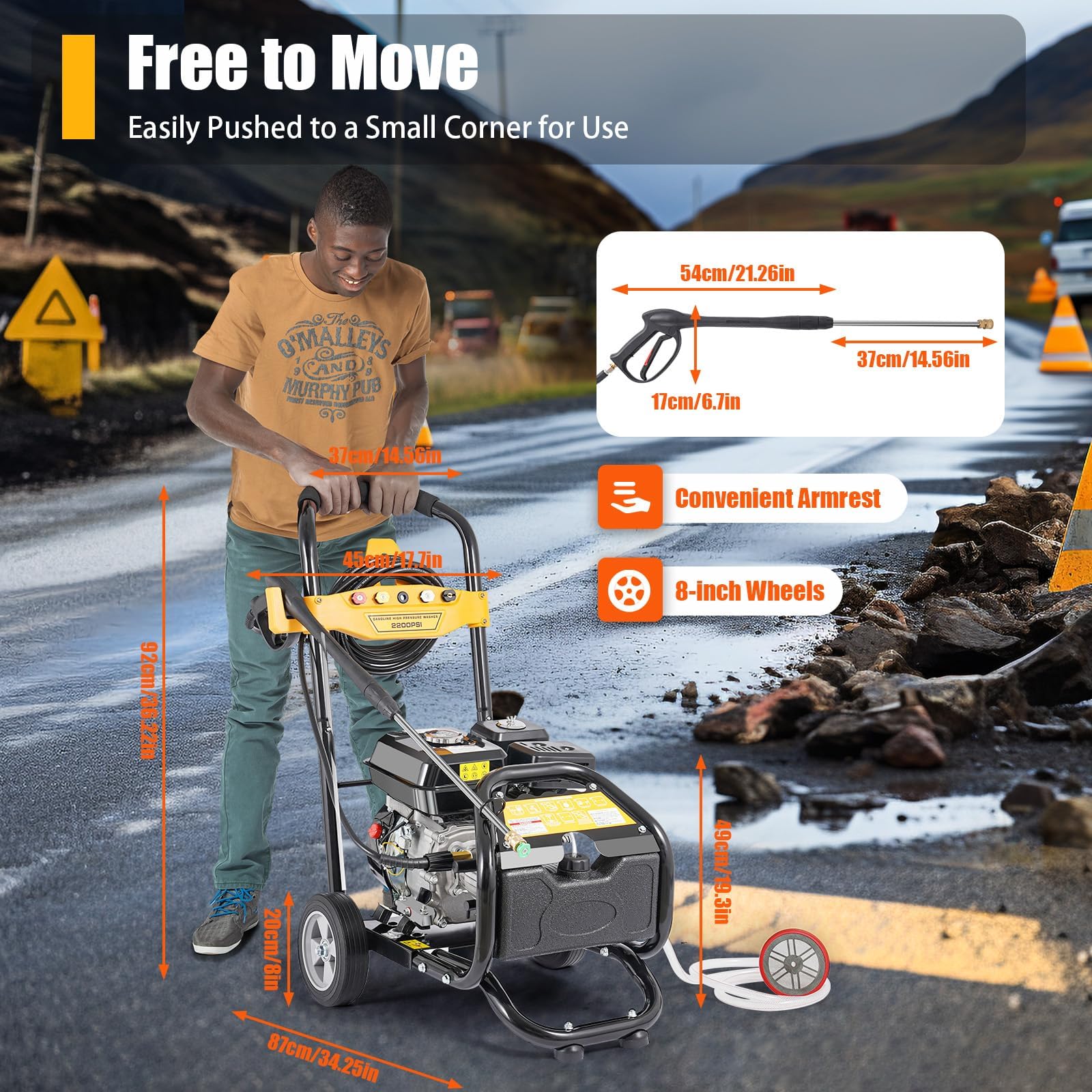 Hidrolavadora, Hidrolimpiadora de Alta Presion, Hidrolimpiadora Gasolina, Motor 4T con 3400rpm, Presión 180 Bar, Depósito 3.6L, con Ruedas y Ganchos, Hidrolimpiadoras para Limpiar Patios,Coche