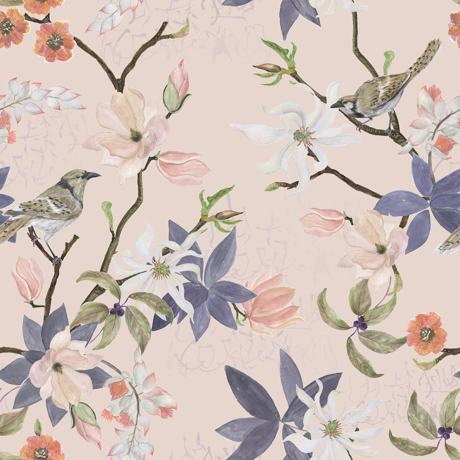 VaryStyle 17.7"x393" Aesthetic Pink Floral Wallpaper Peel and Stick Flower Tree Bird Floral Wallpaper Murals Pink Contact Paper for Shelves Walls