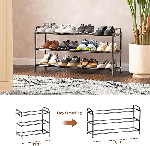 Miniatura 3 de SUFAUY Zapatero expandible de 3 niveles, organizador de zapatos ajustable de 18 a 32 pulgadas para entrada de armario, metal resistente, color negro