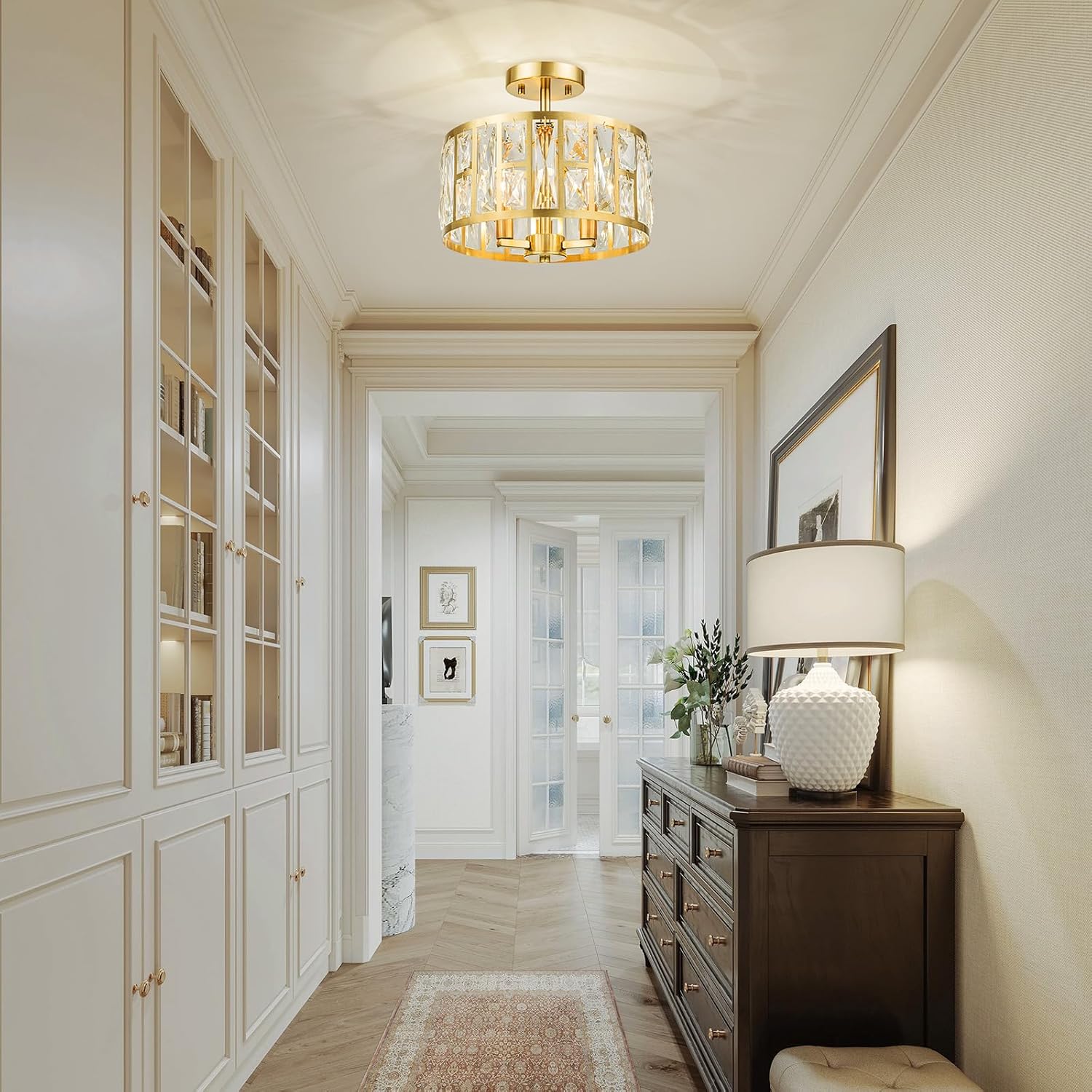LumFurn 3-Lights Modern Crystal Ceiling Light, Semi-Flushmount Light Fixture for Living Room, Foyer, Kitchen, D12.5 in x H11 in, Gold Finish