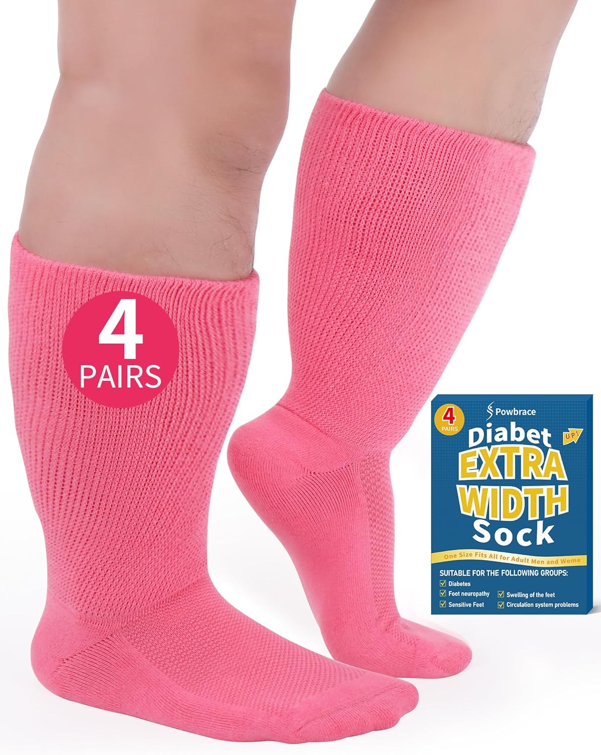 4 Pairs Wide Diabetic Socks - Swollen Feet & Lymphedema Support, Non-Binding Calf Socks for Men & Women