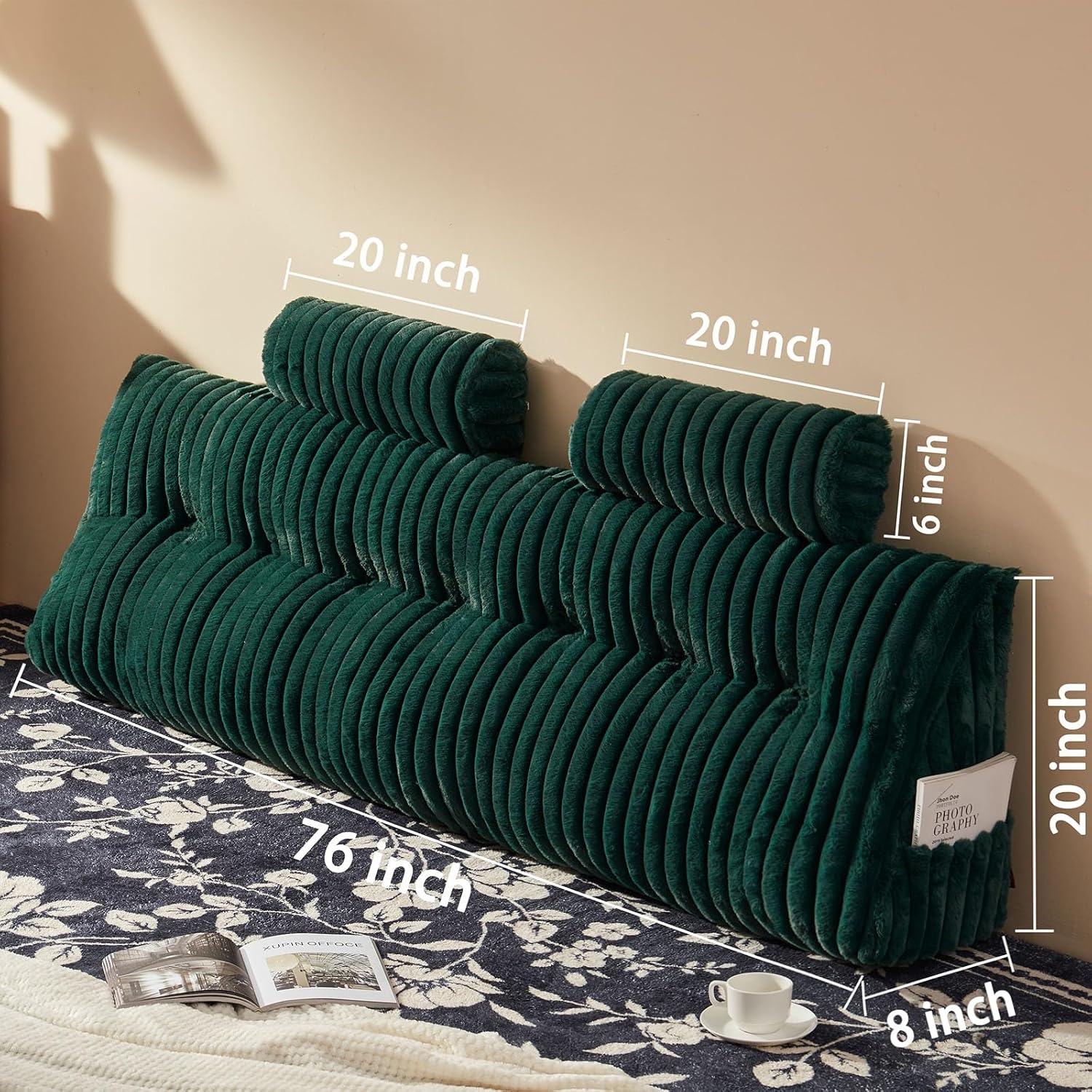 rycwola faux fur headboard pillow with 2 pack neck roll pillow large headboard pillow soft and supportive with removable cover (green, king) king green