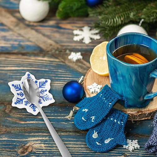 Miniatura 7 de Whaline 4 piezas de soporte de cuchara de cerámica con forma de copo de nieve azul con forma de copo de nieve, plato de anillo para Navidad,