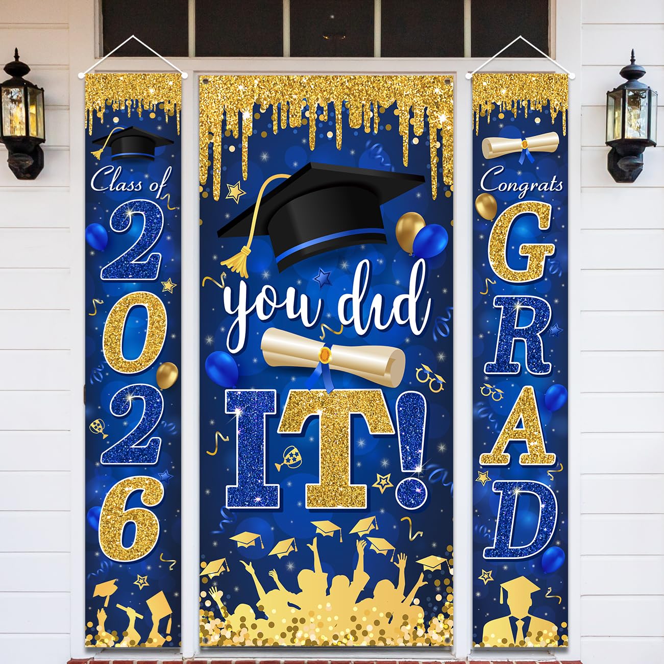 Blue and Gold Graduation Decorations Class of 2026 Congrats Grad Banner and You Did It Graduation Door Cover for High School College Grad Party