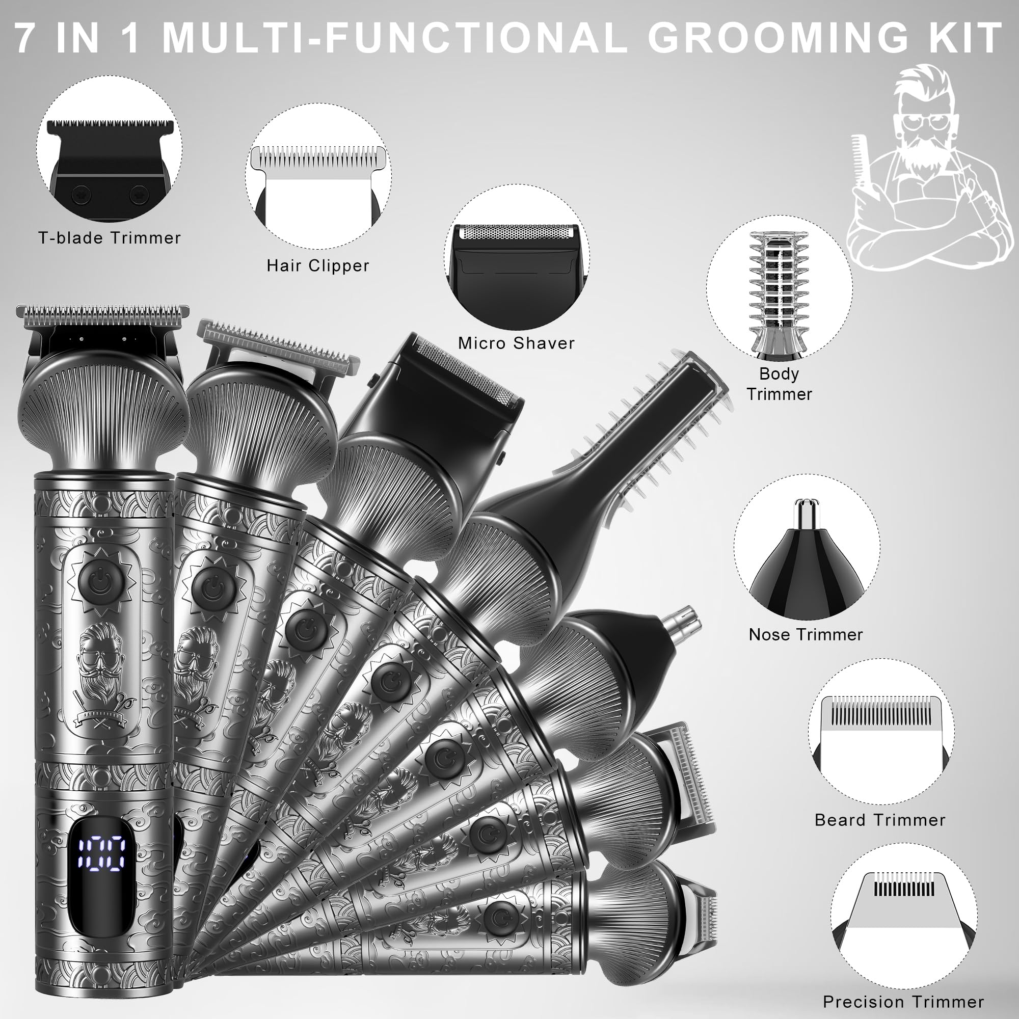 Surker Beard Trimmer for Men 7 in 1 Professional Grooming Kit ,T-Blade Trimmer, Electric Shaver, Nose & Body Trimmer - Image 2