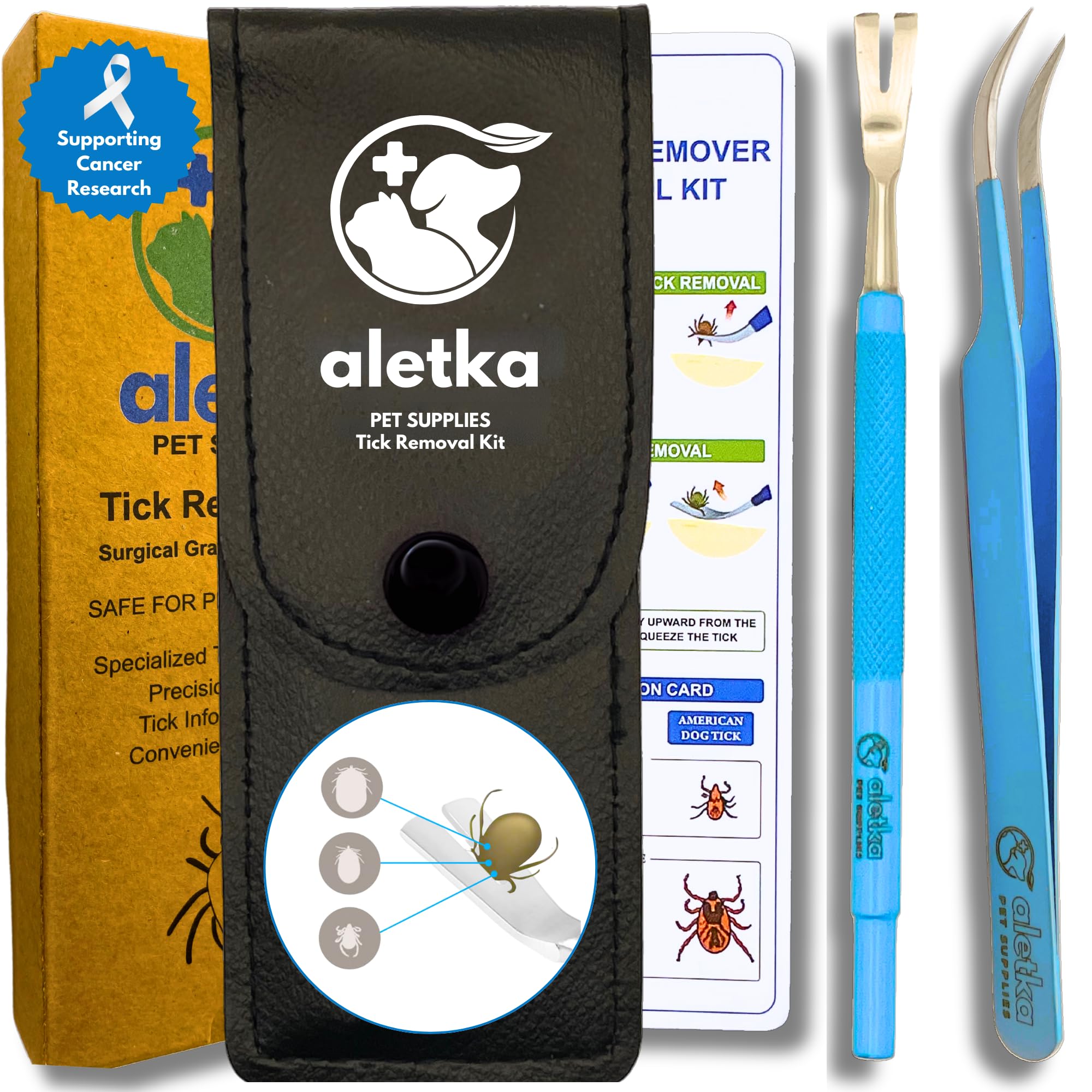 Safe & Complete Tick Removal Tool Kit • Support Cancer Research • Protective Leather Case • Tick ID & Instruction Card • Durable Stainless Steel •