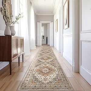 Madane Hallway Runner Rug 2x12, Extra Long Washable Runner Rugs with Rubber Backing, Non Slip Carpet Runner, Vintage Rug Runners for Kitchen Laundry Room Entryway (Turmeric/Grey, 2'x12')