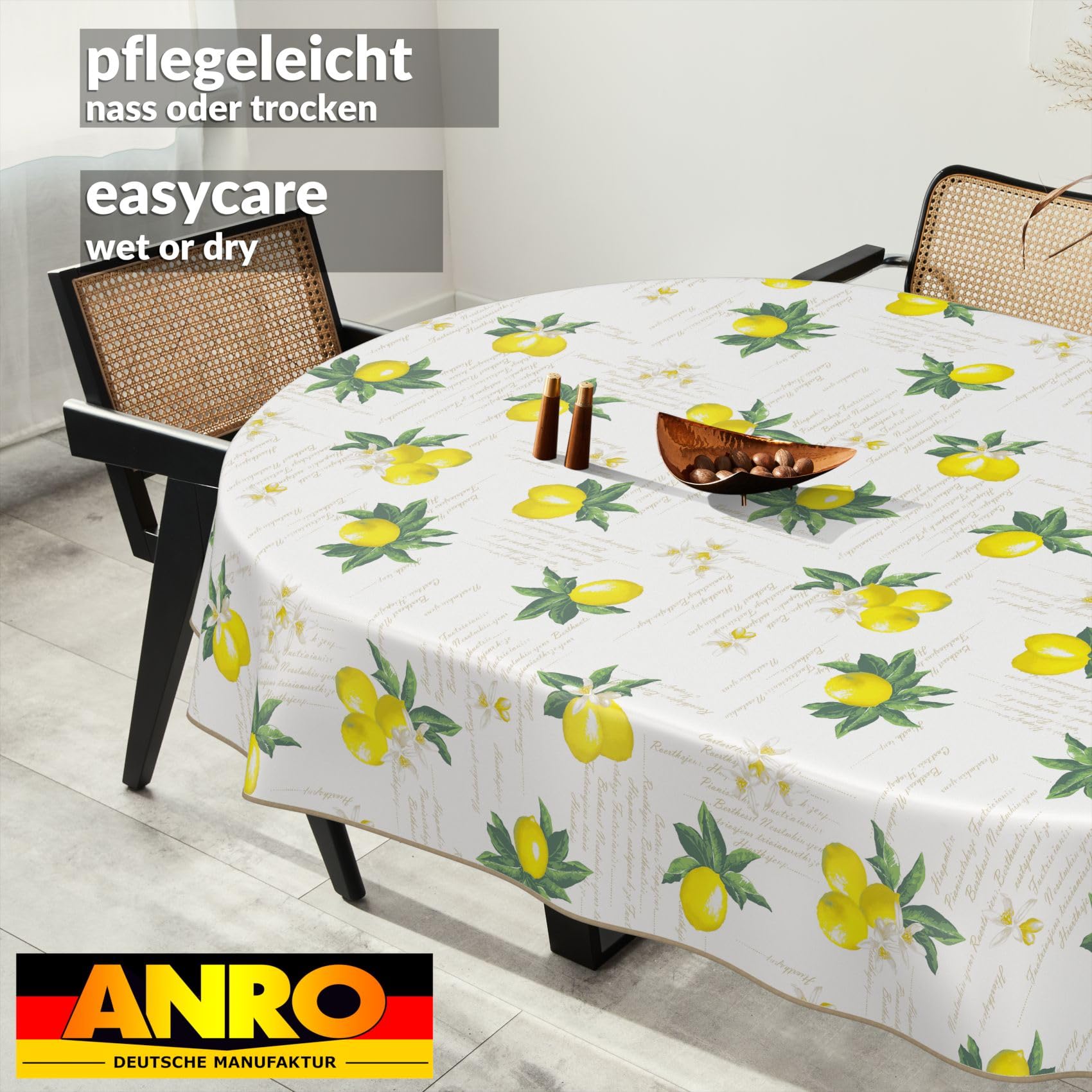 ANRO Nappe en toile cirée lavable, pour table de jardin, de forme ronde, ovale ou rectangulaire, ovale, 180 x 140 cm, avec ourlet (bordée), motif citrons