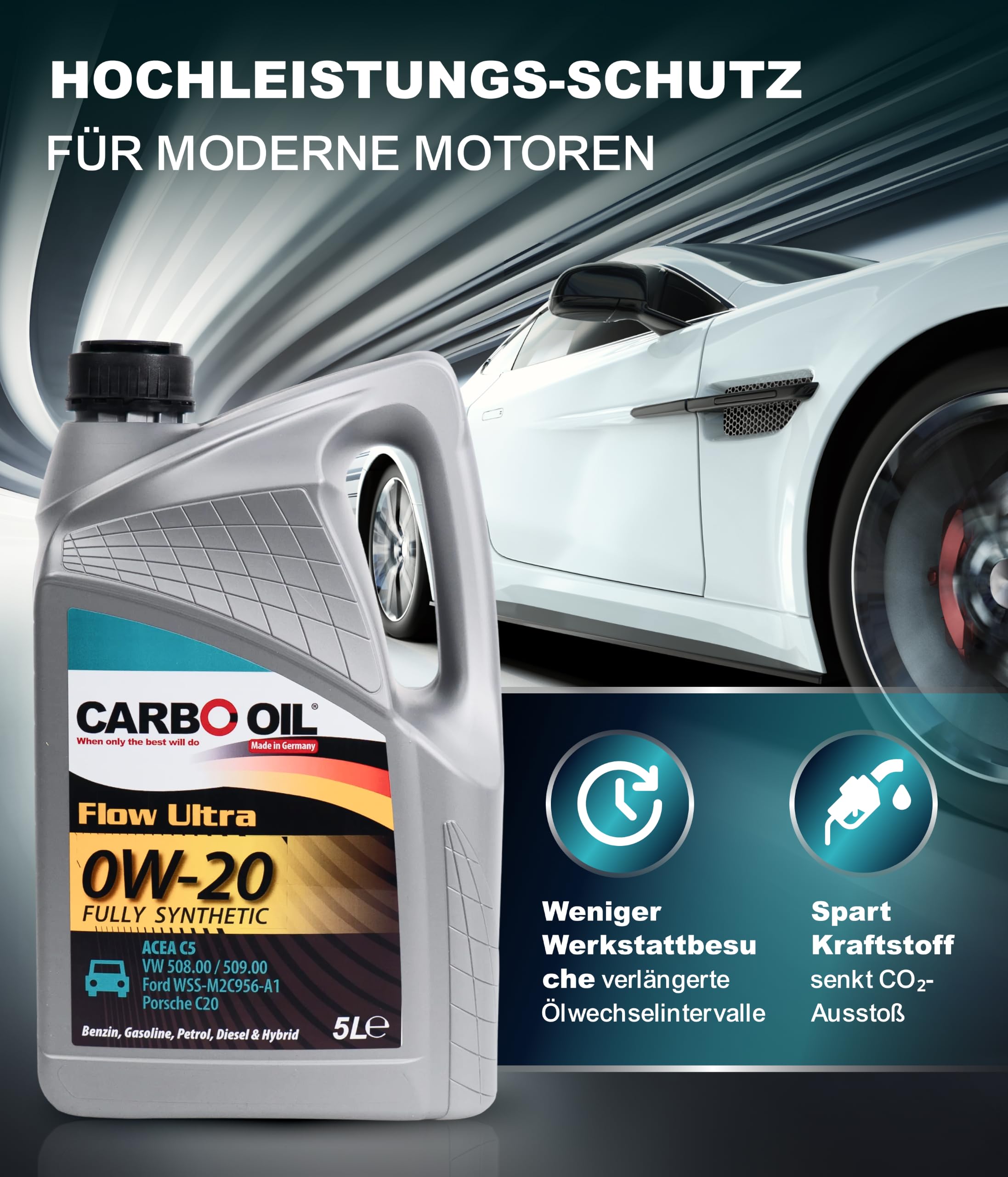 Motoröl 0W20 VW 508/509 (5L) – Vollsynthetisch, Kraftstoffsparend, schneller Kaltstart, lange Ölwechselintervalle – Motorenöl für Autos, VW und Audi 0W20 Öl – Made in Germany