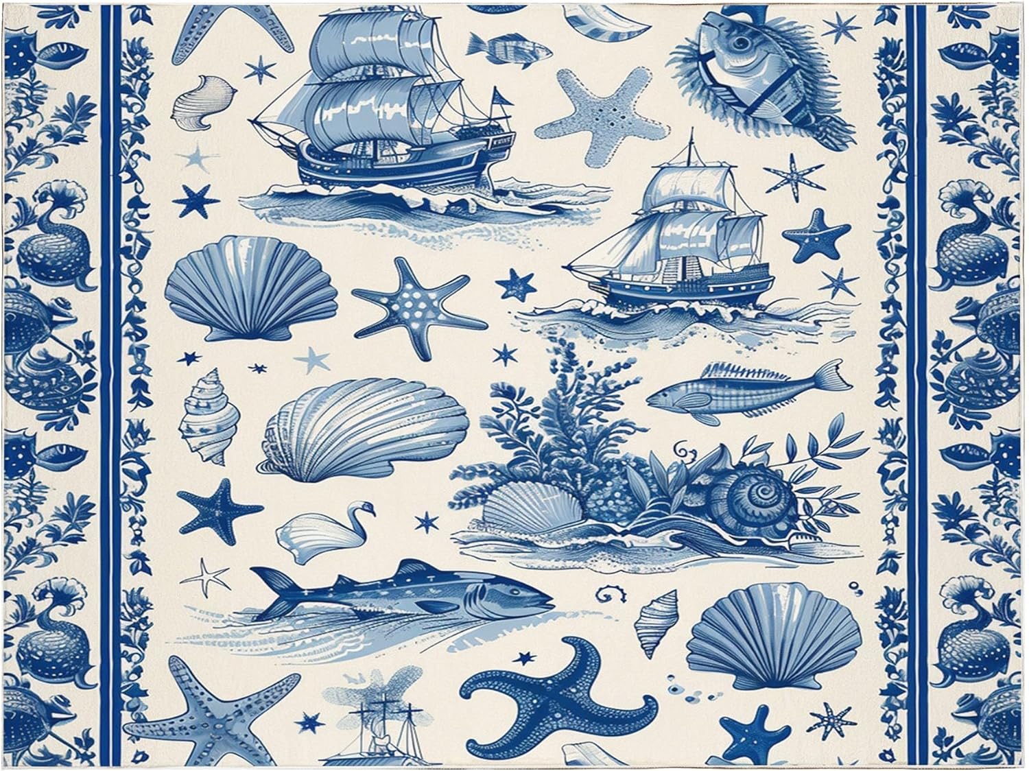 Ocean Blue Sailboat Starfish Shell Fish Pattern Living Room Rugs 6 x 9 ft, Washable Area Rug Non Slip Soft Dorm Rug Mat, Indoor Accent Floor Carpet for Office Coffee Table Dining