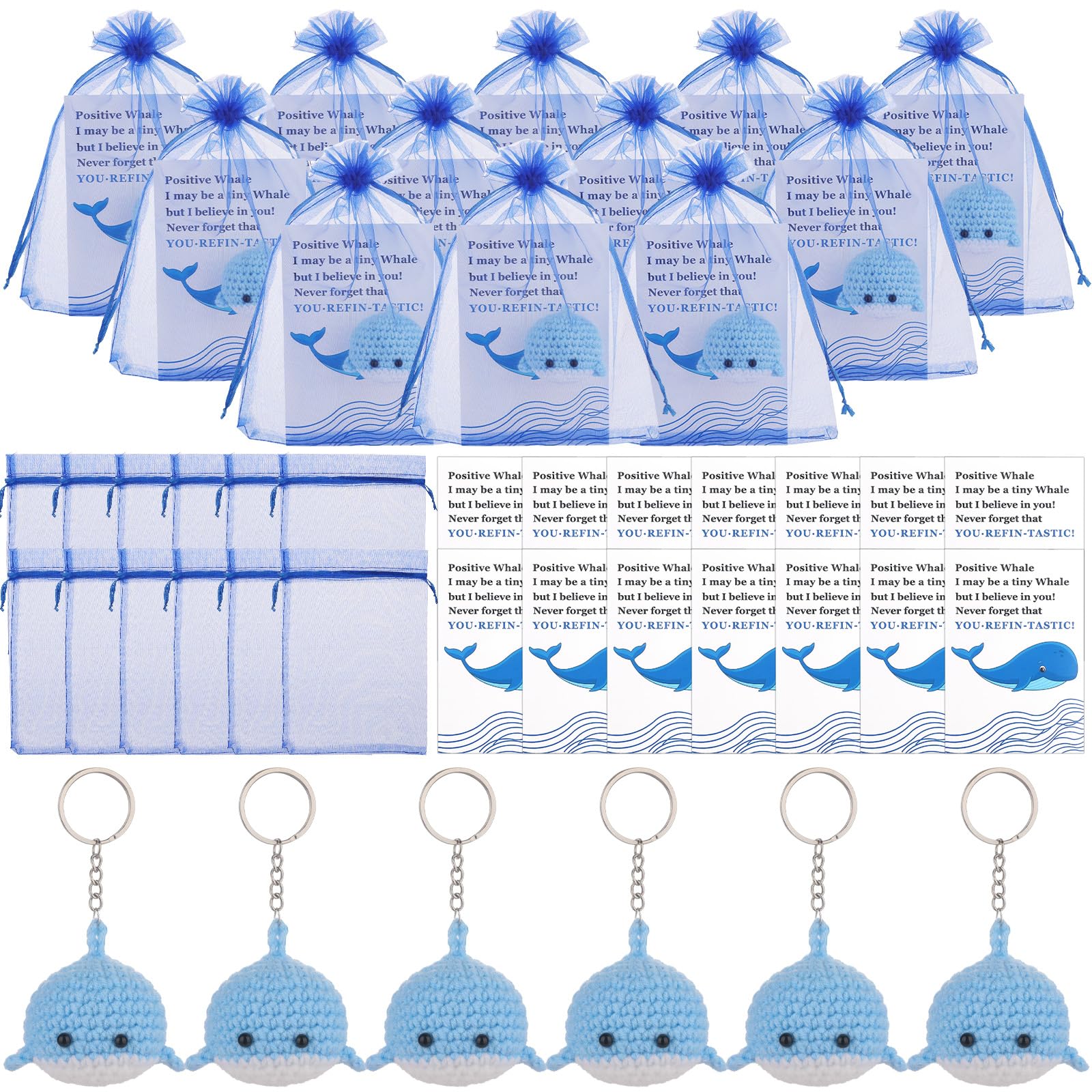 ULELE 6 Sets Handmade Crochet Whale Knitted Whale Keyring Gifts Mini Blue Crochet Whales Keychain with Inspirational Cards Organza Bags Emotional Support Gift Apperciation Gifts for Employee Coworker