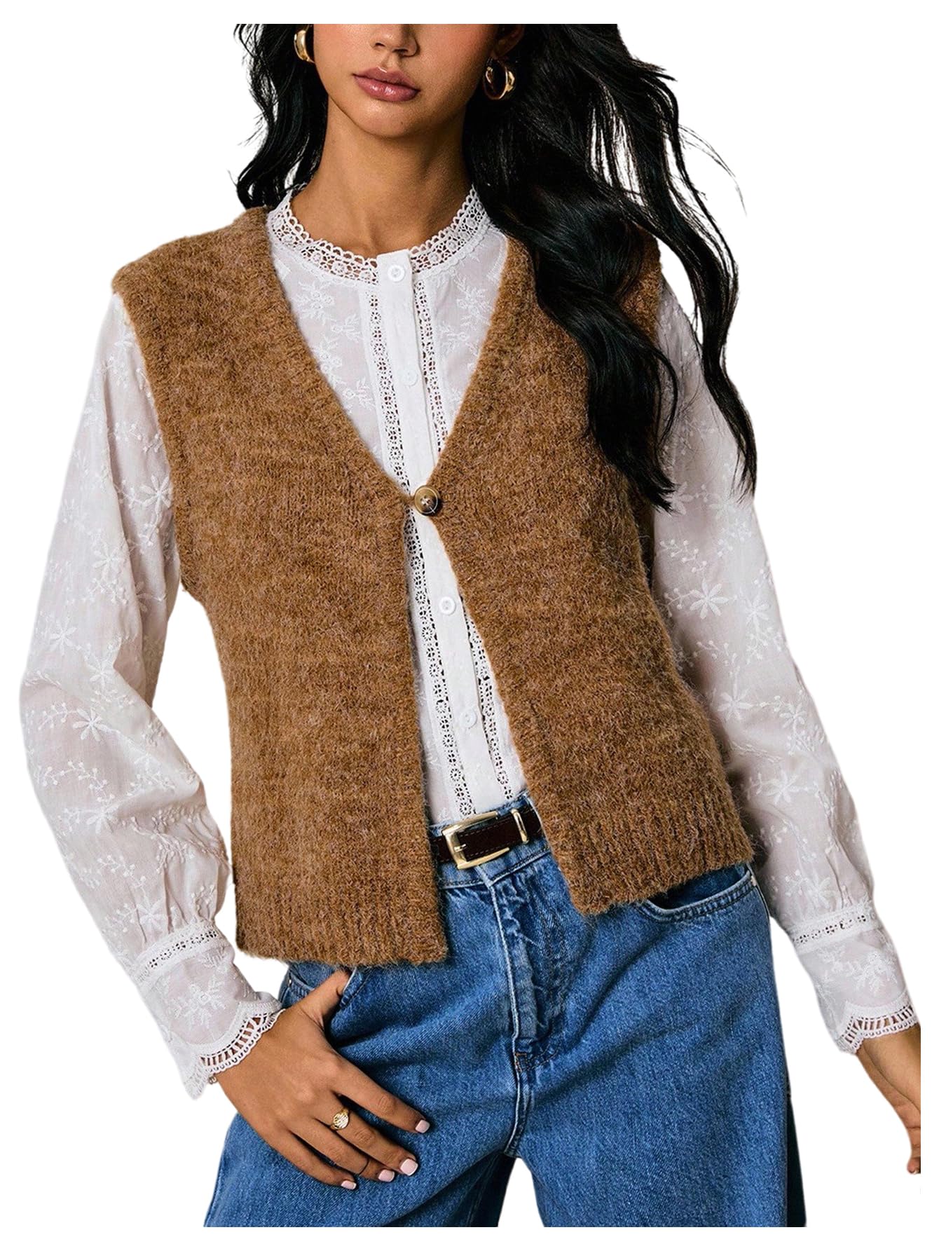MakeMeChic Womens Faux Fur Sweater Vest Fuzzy Button Front Sleeveless Cardigan