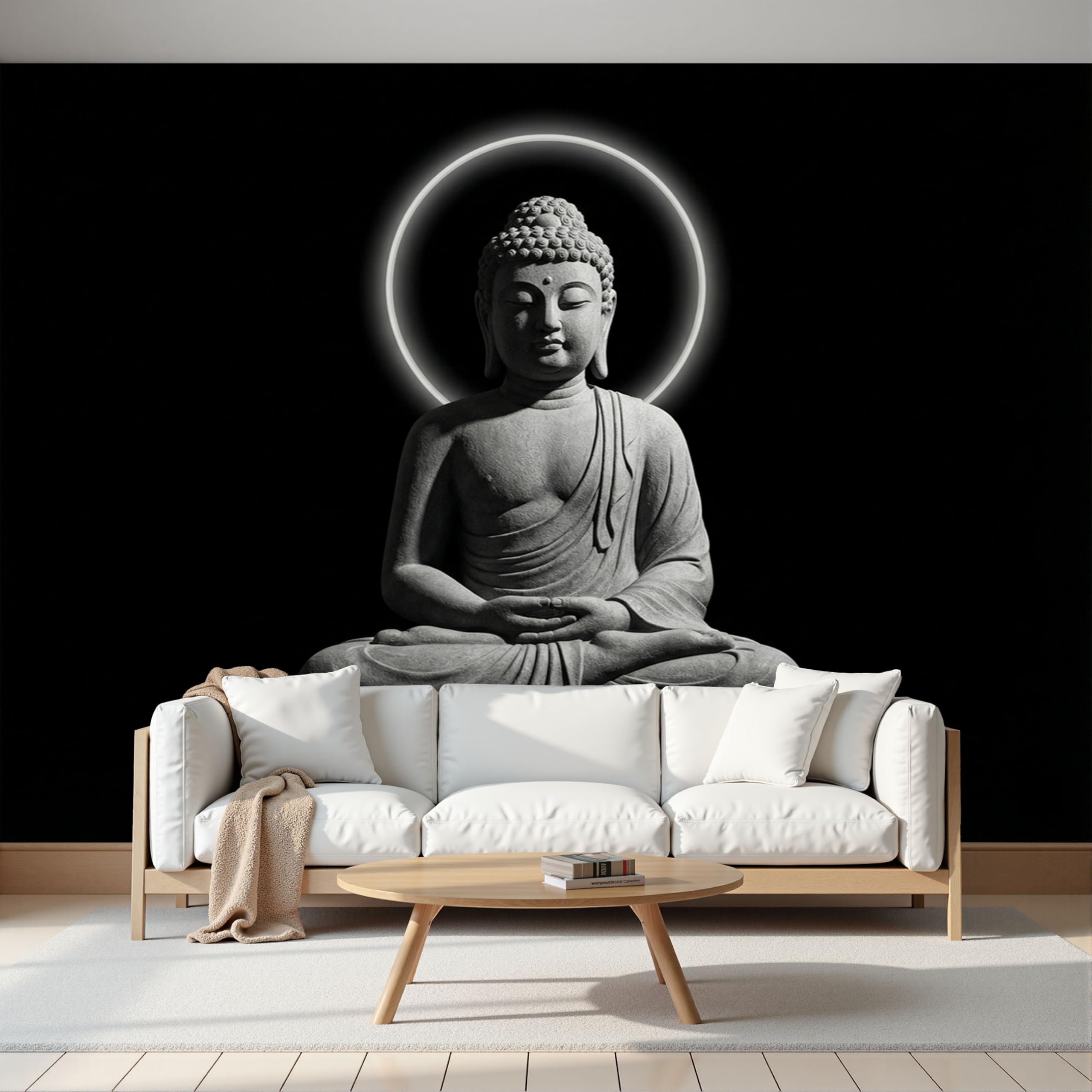 Carta Da Parati Fotografica Statua Minimalista Pietra Meditazione Panorama Piante Nero, Tranquillo Paesaggio Zen Carta Per Pareti Soggiorno Camera Da Letto Fotomurali In Tessuto Non Tessuto, 350X256Cm