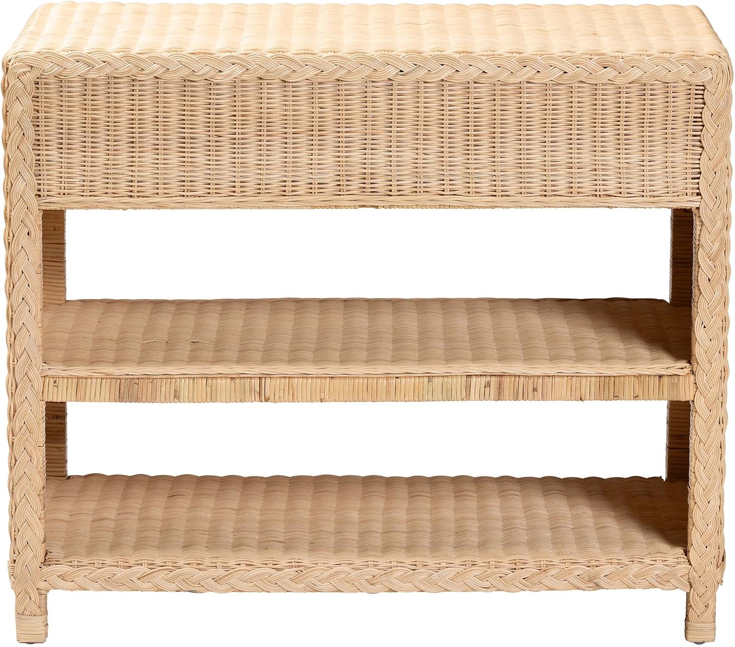Bali & pari Lanica Braided Natural Rattan Console Table with Drawers and Shelves – Coastal Style Storage Cabinet for Entryway, Living Room, or Bedroom, 35"