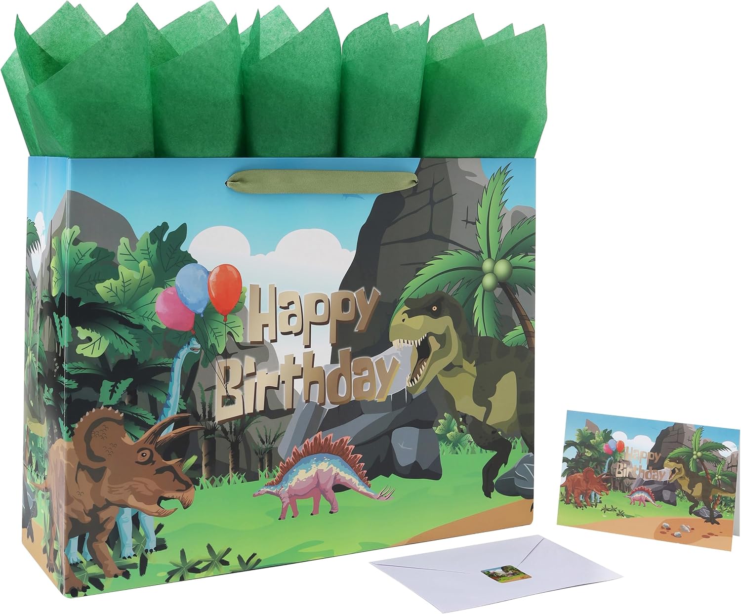 wishinside 16.5'' Extra Large Dinosaur Birthday Gift Bag Set with Handles, Greeting Card, Black Tissue Papers and Stickers for Boys Kids Teens, Dinosaur Design, 1 Pcs