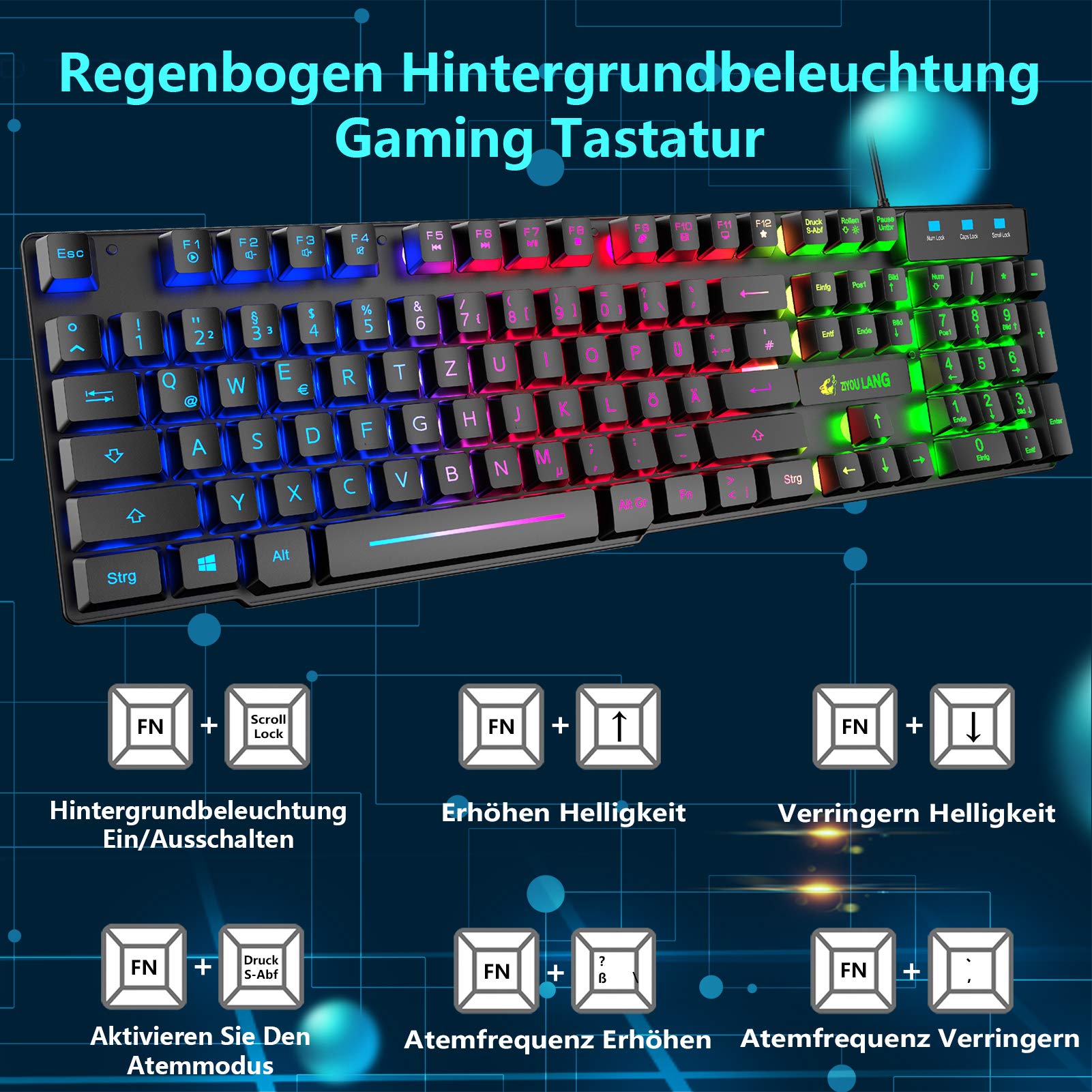 Tastiera e Mouse da Gioco con Poggiapolsi, Layout Tedesco QWERTZ Gaming Tastiera Retroilluminato LED Colore Arcobaleno, Mouse 6 Tasti 2400 DPI e Tappetino per Mouse, USB Cablato per PS4 XBox, Nero