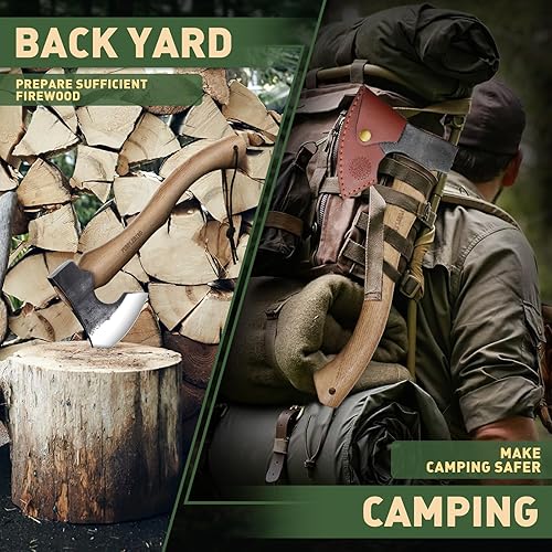 Miniatura 6 de PURPLEBIRD Hacha de hacha con funda para camping, hacha de bushcraft de 15 pulgadas, hacha de corte de acero al carbono, mango de madera, hacha de