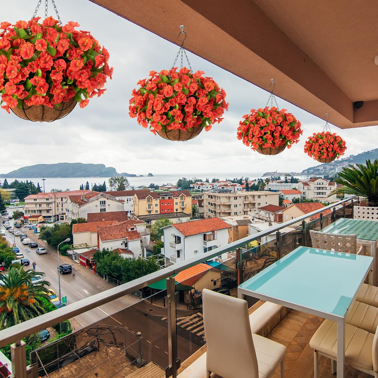 Artificial Hanging Flower Plants with Basket for Summer Autumn Outdoor Decoration, Faux Petunias Flowers Fake Morning Glories Planter for Outside Patio Garden Porch Balcony Yard Decor(Orange) - Image 8