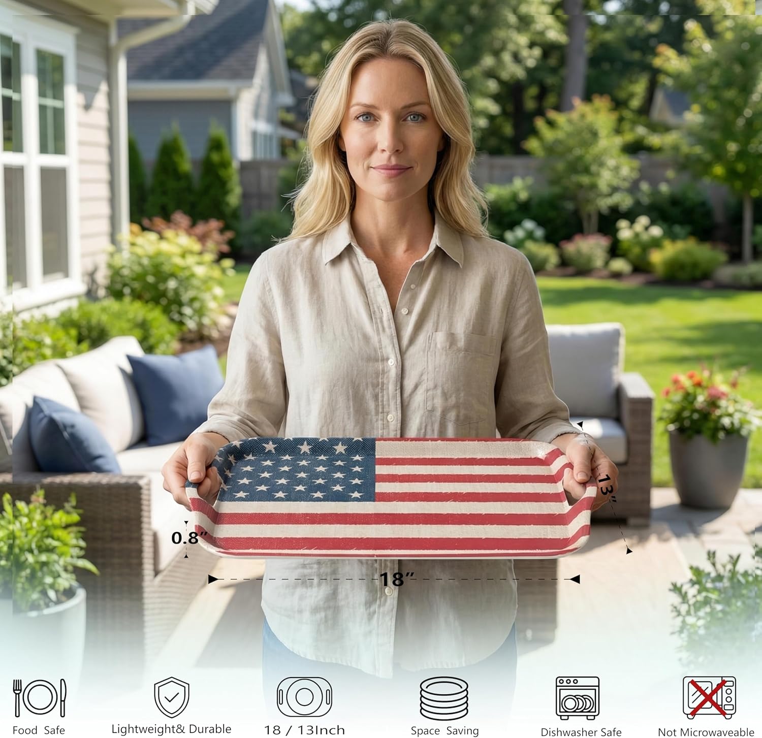 KINGEN 2-Pack Patriotic Bamboo Fiber Serving Trays - 18×13-inch Extra Large w/Handles Tray, Stars & Stripes Platters for 4th of July, Christmas, Birthday, BBQ, Party - Red, White & Blue Decor