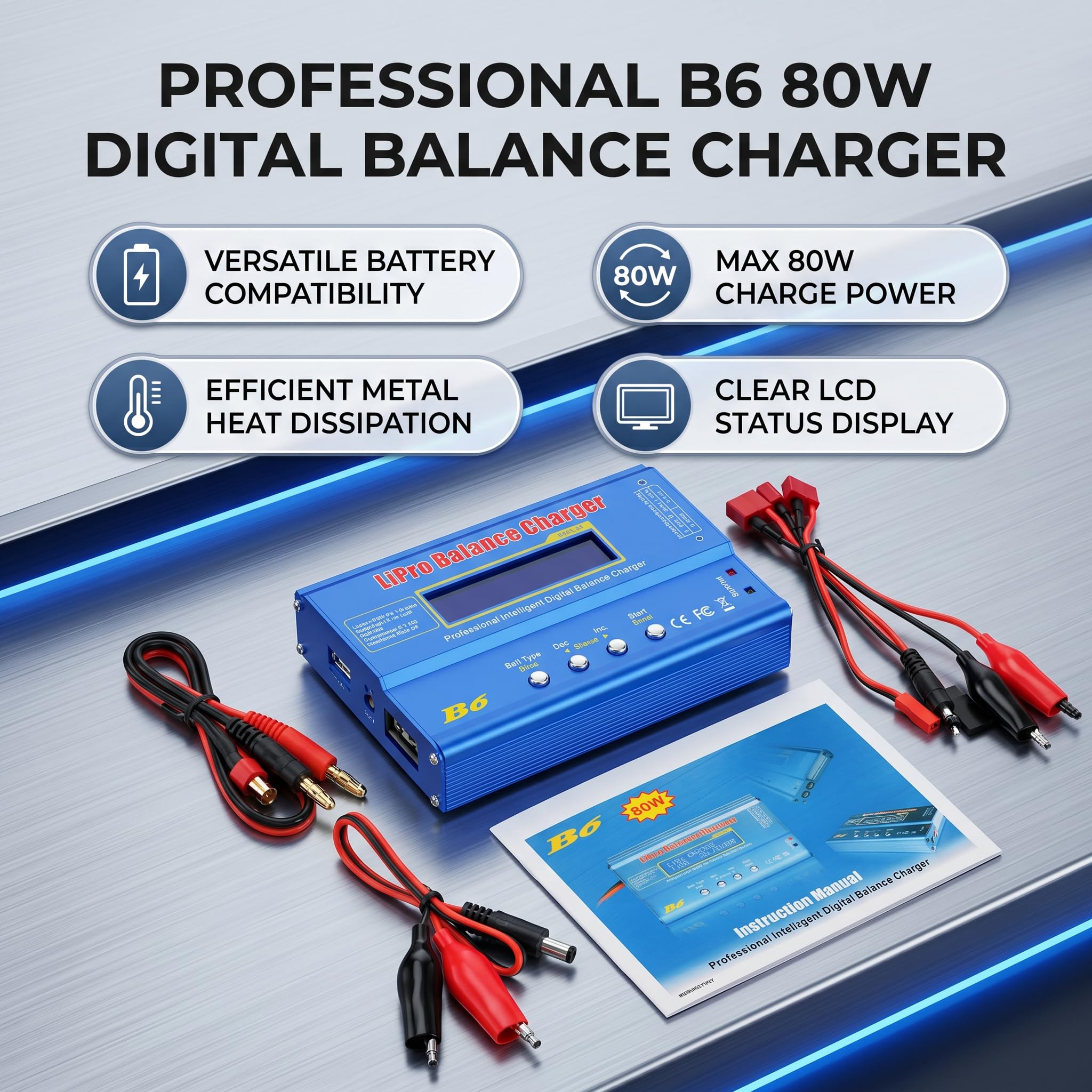 Fafeicy B6 80W RC Batería Cargador Balance Cargador para Lipo NIMH, Pantalla LCD Digital con Carga 6S, Descarga de 5W, Ideal para Drones de (Nuevo IMAX B6 LCD Pantalla Digital RC