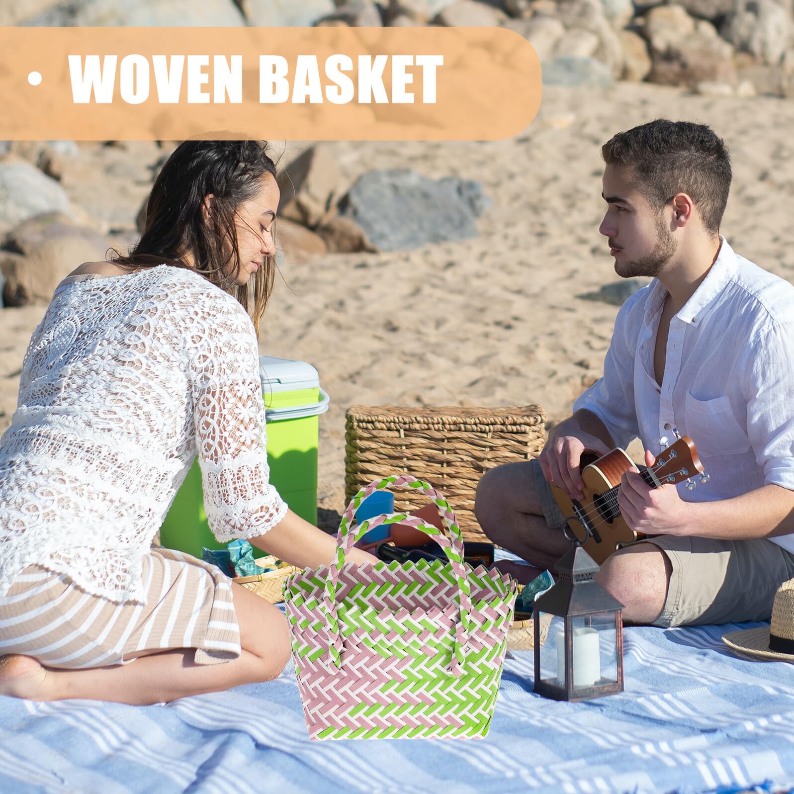 VILLCASE Moderner Pvc Gewebter Korb mit Henkel Leichter Multifunktionaler Haushalts Obstbehälter für Gemüse und Obst Praktischer Picknickkorb für Shopping und Dusche