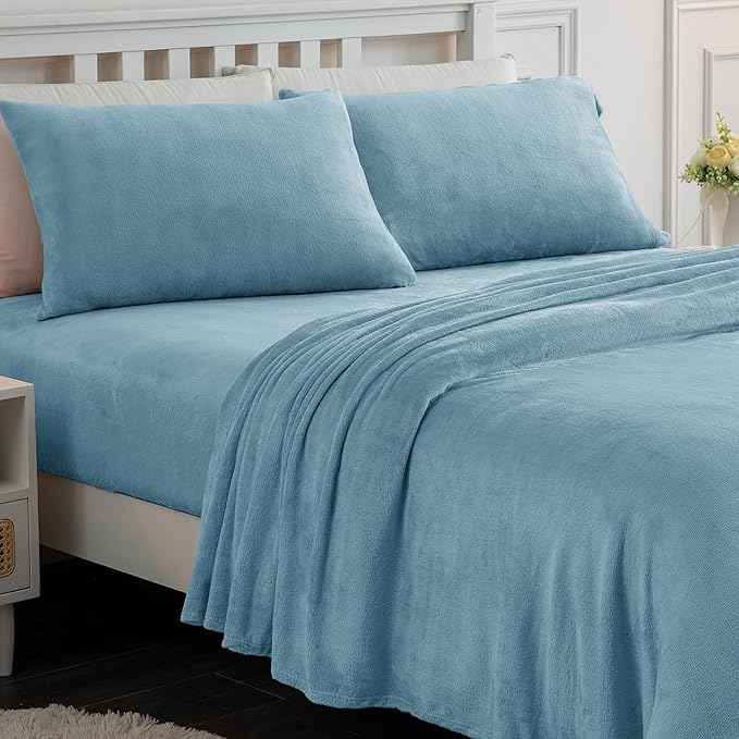 Softan Fleece Sheets Full Size, Flannel Like Soft, Fuzzy Warm Plush Sheets, Velvet Polar Microfleece Bedding for Winter, Light Blue