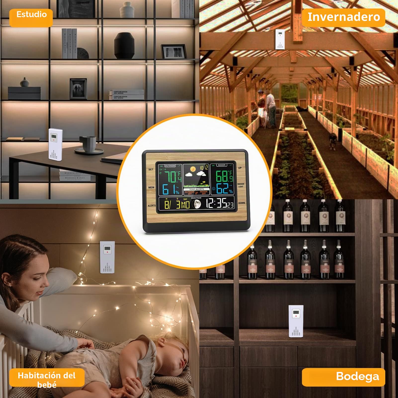 Estación Meteorológica Inalámbrica con Sensor Exterior, Termómetro Higrómetro Barómetro Interior Exterior, Pantalla LCD con Alarma Fecha Pronóstico del Tiempo Fase Lunar Despertador
