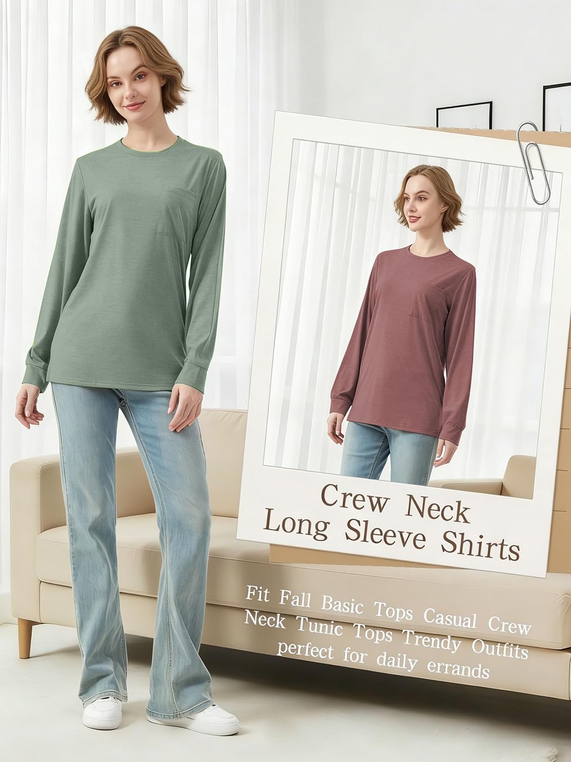 3 Pack Women's Crew Neck Long Sleeve Shirts Loose Fit Fall Basic Tops Casual Crew Neck Tunic Tops Trendy Outfits - Image 4