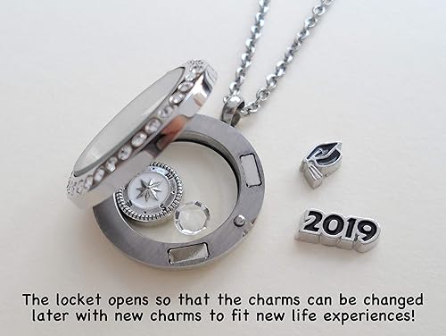 Miniatura 7 de Custom Graduate Circle Floating Charm Locket Necklace with Engraved Disc Charm, Stainless Steel Locket, Graduation 2025, or Beyond, Good Luck on the
