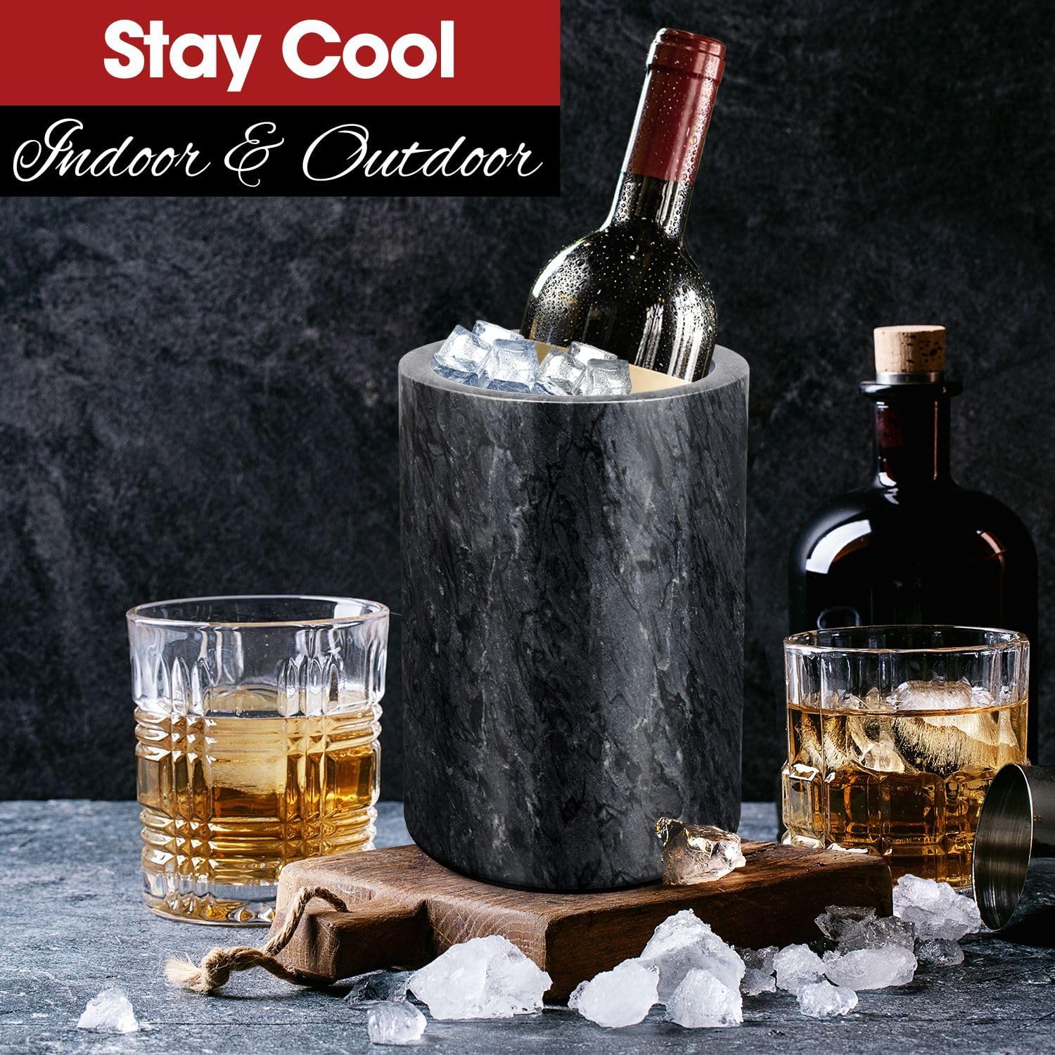 Flexzion Marble Wine Chillers for Bottles - Champagne Cooler & Multi-Purpose Marble Utensil Holder for Kitchen - Adaptable Stone Wine Bottle Chiller Bucket for Party, Bar, Home Decor, Black - Image 4