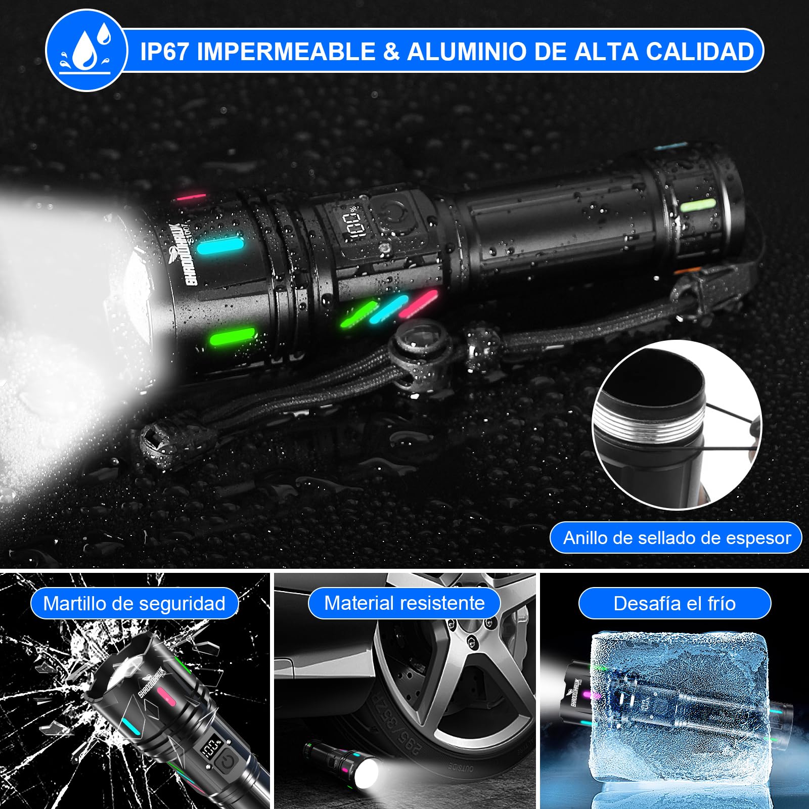 Shadowhawk Linterna LED Alta Potencia 1,000,000 Lúmenes - Militar Linternas Recargable, 12H Iluminación y 3 Pilas AAA, Flashlight Para Camping/Emergencias/Regalo, Pantalla LCD & Banda Fluorescente