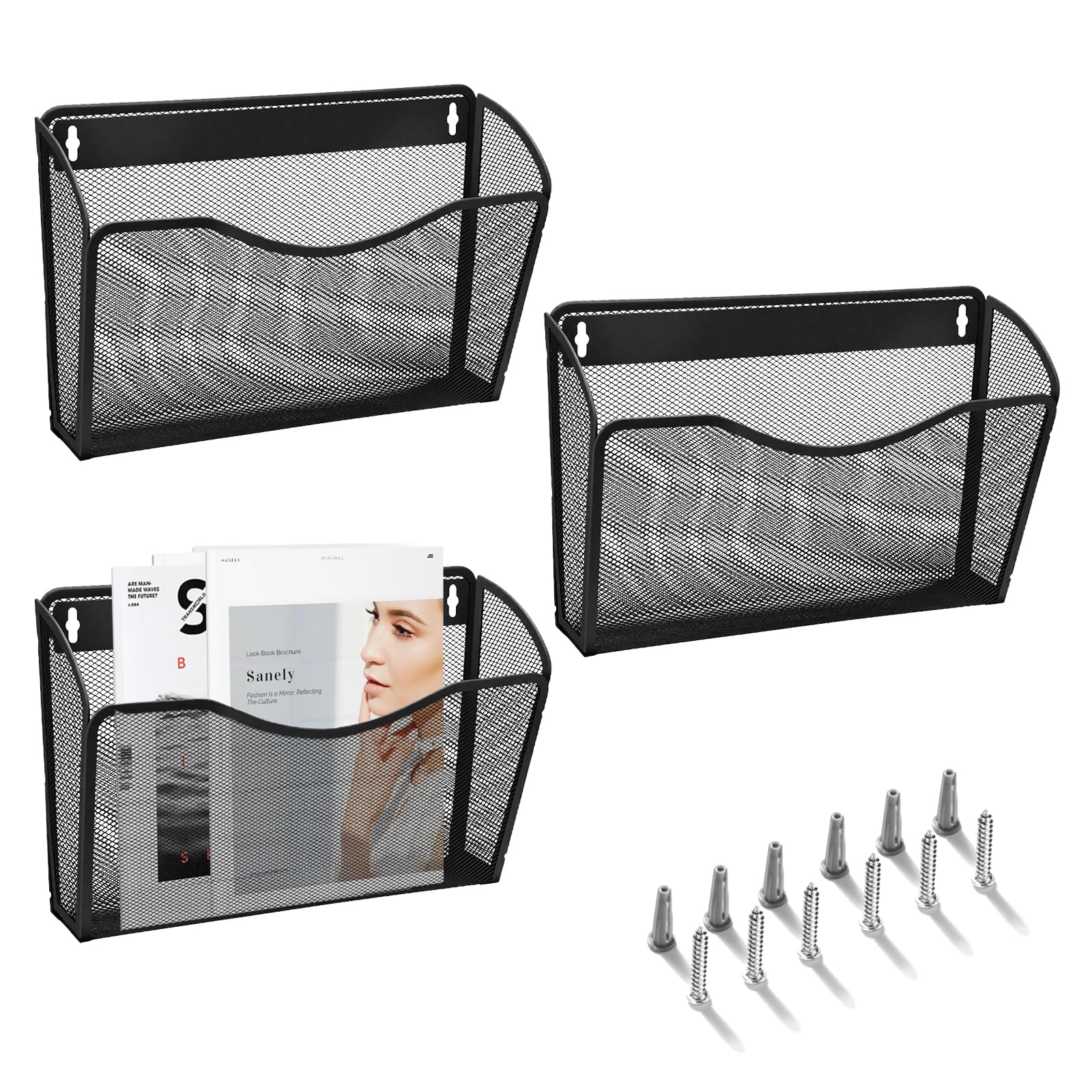 AGPTEK Archivador Montable en Pared (Paquete de 3), Archivador Organizador Malla Metálica con Compartimiento Sencillo - Negro