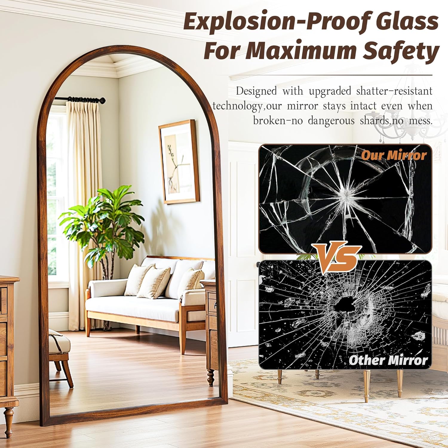 Full Length Mirror 76"×41" Floor Mirror Standing Tall Mirror, Arched Stand up Large Wall Mirrors, Freestanding Full Body Mirrors for Bedroom Living Room Wood Antique Style Walnut - Image 6