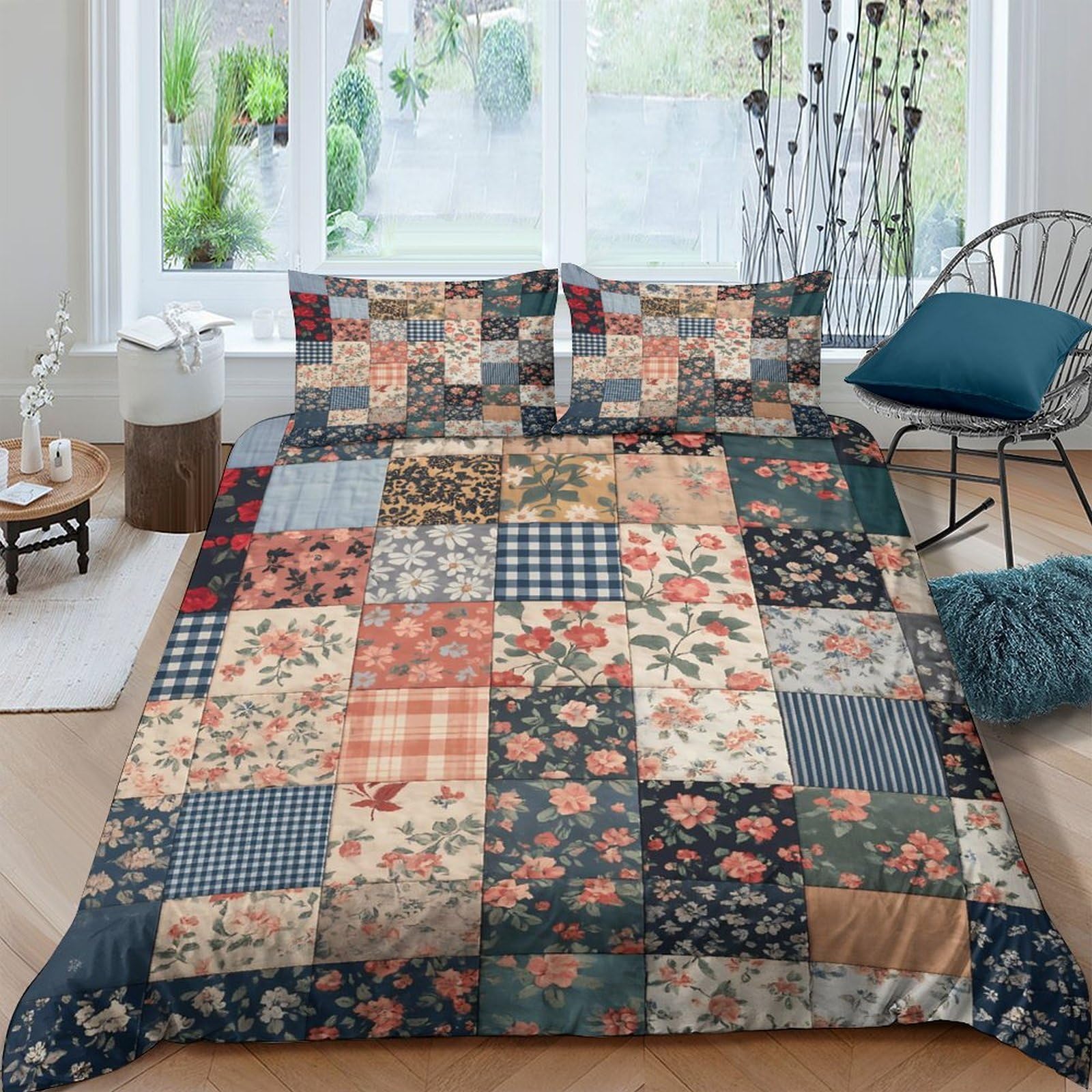 Ctjqhvkz Style-10 3D Printed Patchwork Floral Fitted Sheet Microfiber Bedroom Decor Vintage Garden Bed Cover For Adults Teens Single（135X200cm）