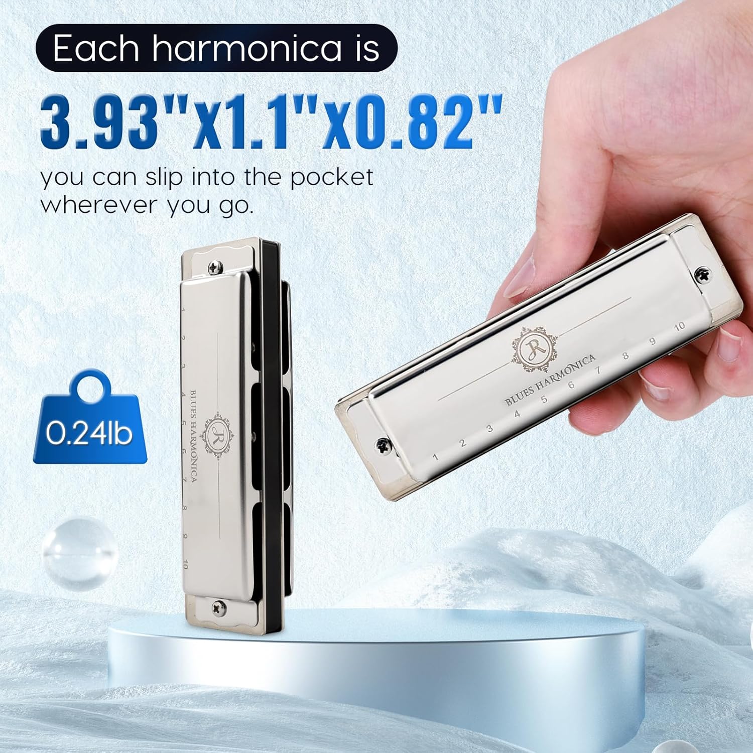 Harmonica JDR Key of G 10 Holes 20 Tones Blues Harp Diatonic Mouth Organ Armonica with EVA Protective Case for Adults Beginner Professionals Intermediate Rock Jazz Gift Silver JDR