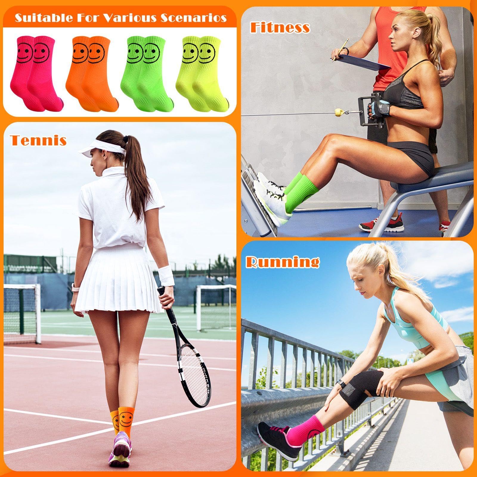 ShinyMatch 12 Pairs Neon Socks Cute Smiling Face Socks Neon Smile Face Socks Novelty Neon Crew Socks for Women Teen Girl