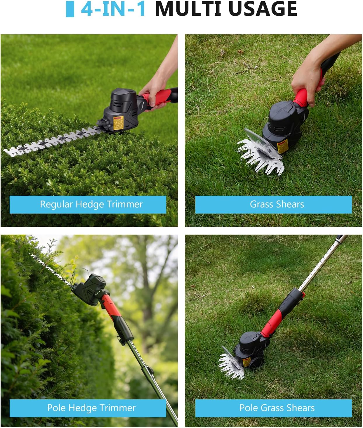 4-in-1 Pole Hedge Trimmer Cordless with 2 x 2.0 Ah Batteries, Lightweight Design Bush Trimmer and Grass Shear with Extension Pole Design for Women Seniors Beignner Shrubs Hedge Pruning, Red