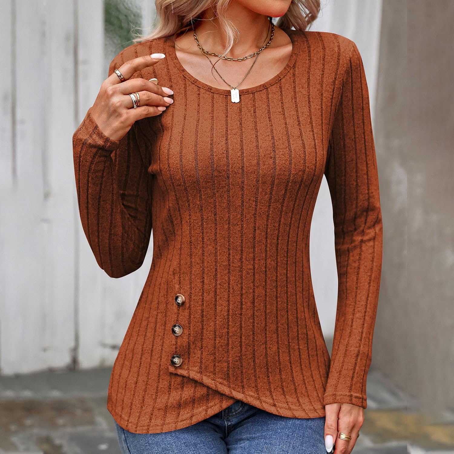 Womens Cotton Knitted Shirts Top Long Sleeve Round Neck Knit Base Shirt Skinny Soft Cozy Blouse Solid Pullover Tops
