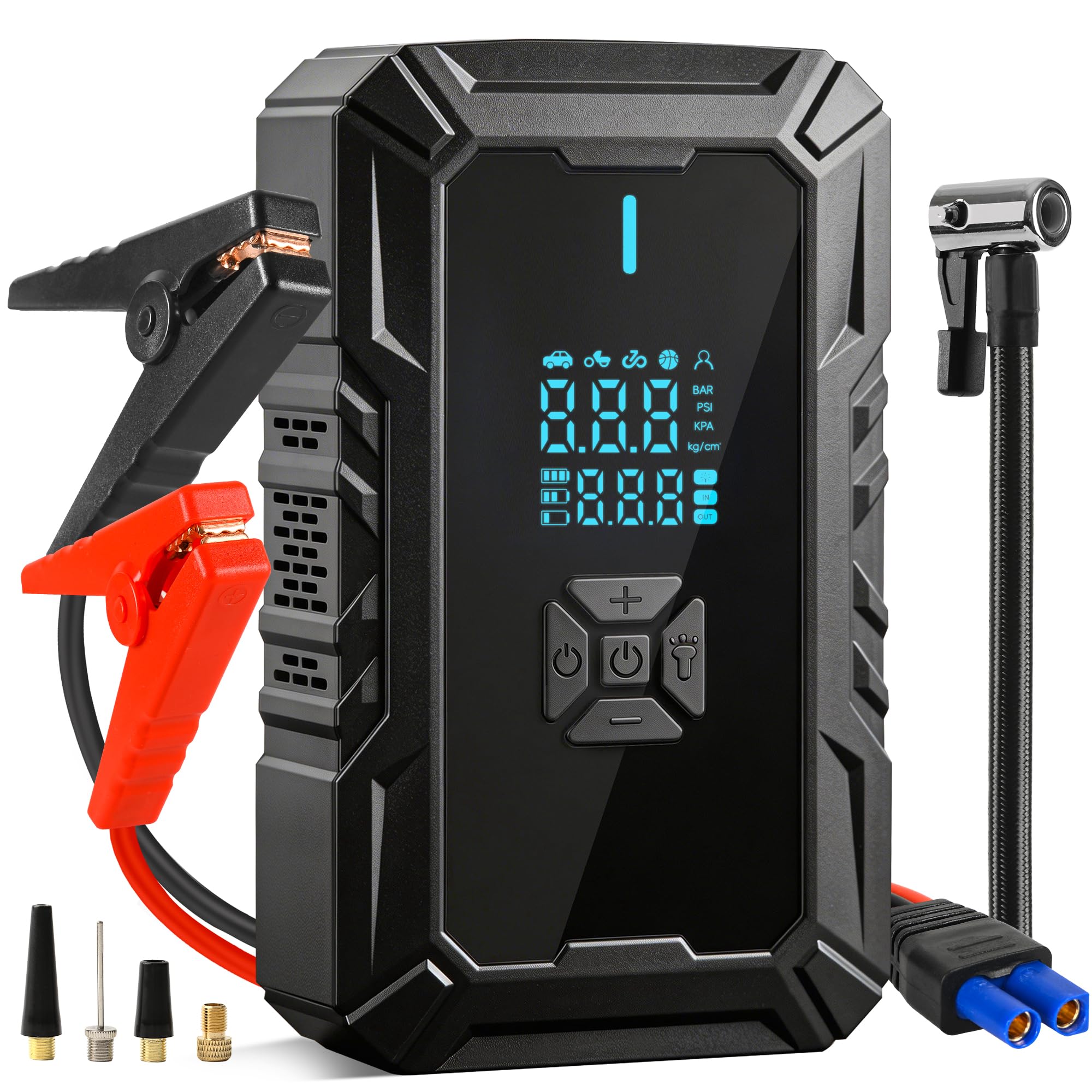 Démarreur de Batterie Auto Portable avec compresseur, Compatible véhicules Essence et Diesel 1,5L à 8L (Batteries 12V), gonflage Rapide des pneus, Aide au démarrage Durable – idéal Cadeau Homme