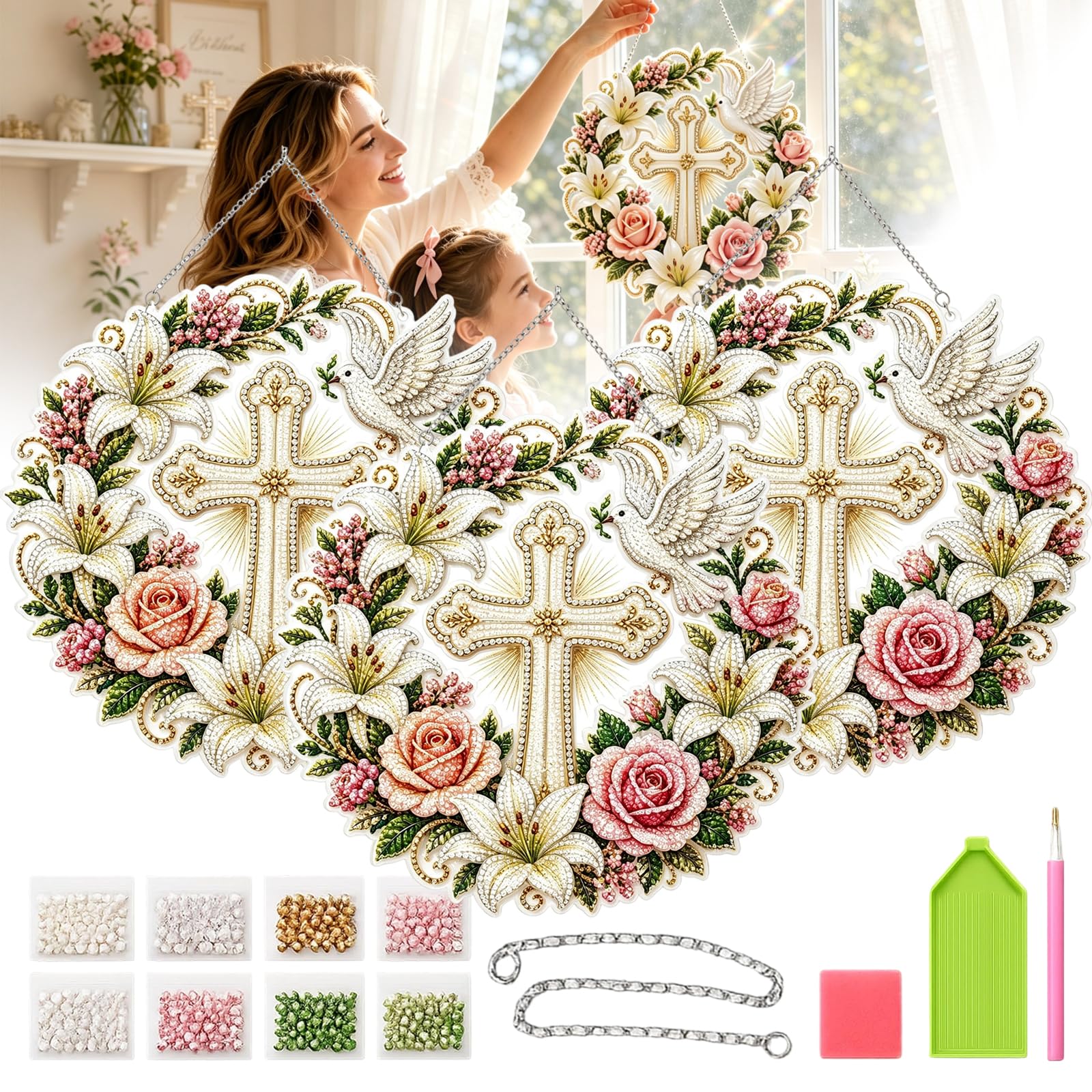 Cross, Flowers & Peace Dove Diamond Art Hanging Ornament Kit, DIY 5D Diamond Painting Suncatcher, Christian Religious Window Decor, Crystal Rhinestone Craft for Adults (3PCS,Medium)
