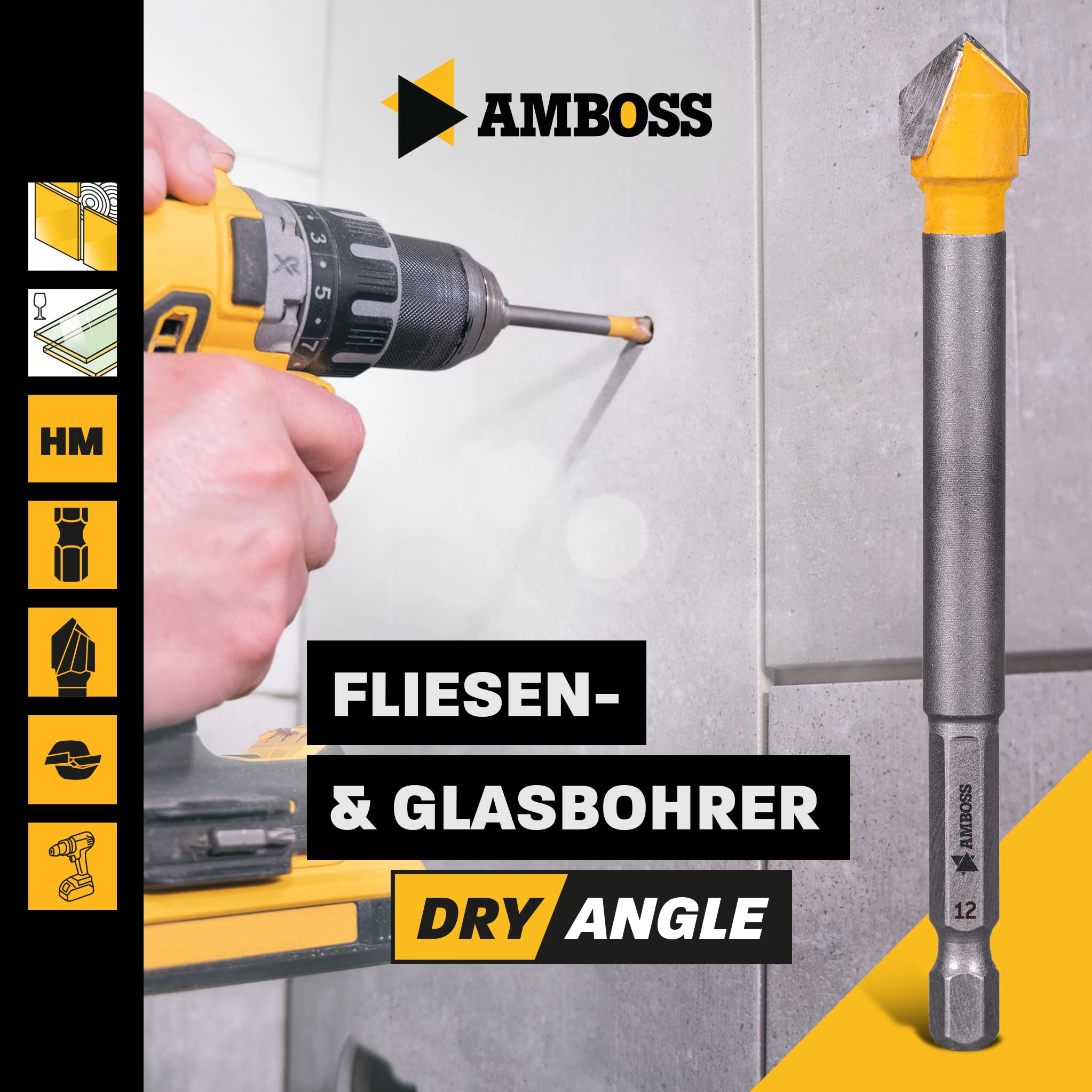 Amboss DryAngle Ø 12mm Punta per piastrelle vetro ceramica - Codolo esagonale