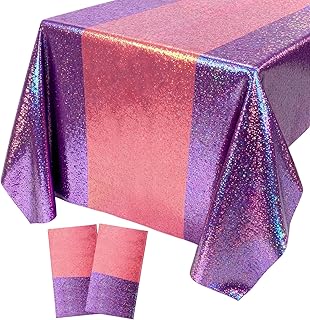 Oudain 2 Pcs Kpop Theme Party Purple & Pink Holographic Party Tablecloth 54 x 108 Inch Plastic Rectangle Tablecloth Waterproof Table Cover for Demon Kpop Theme Birthday Decoration